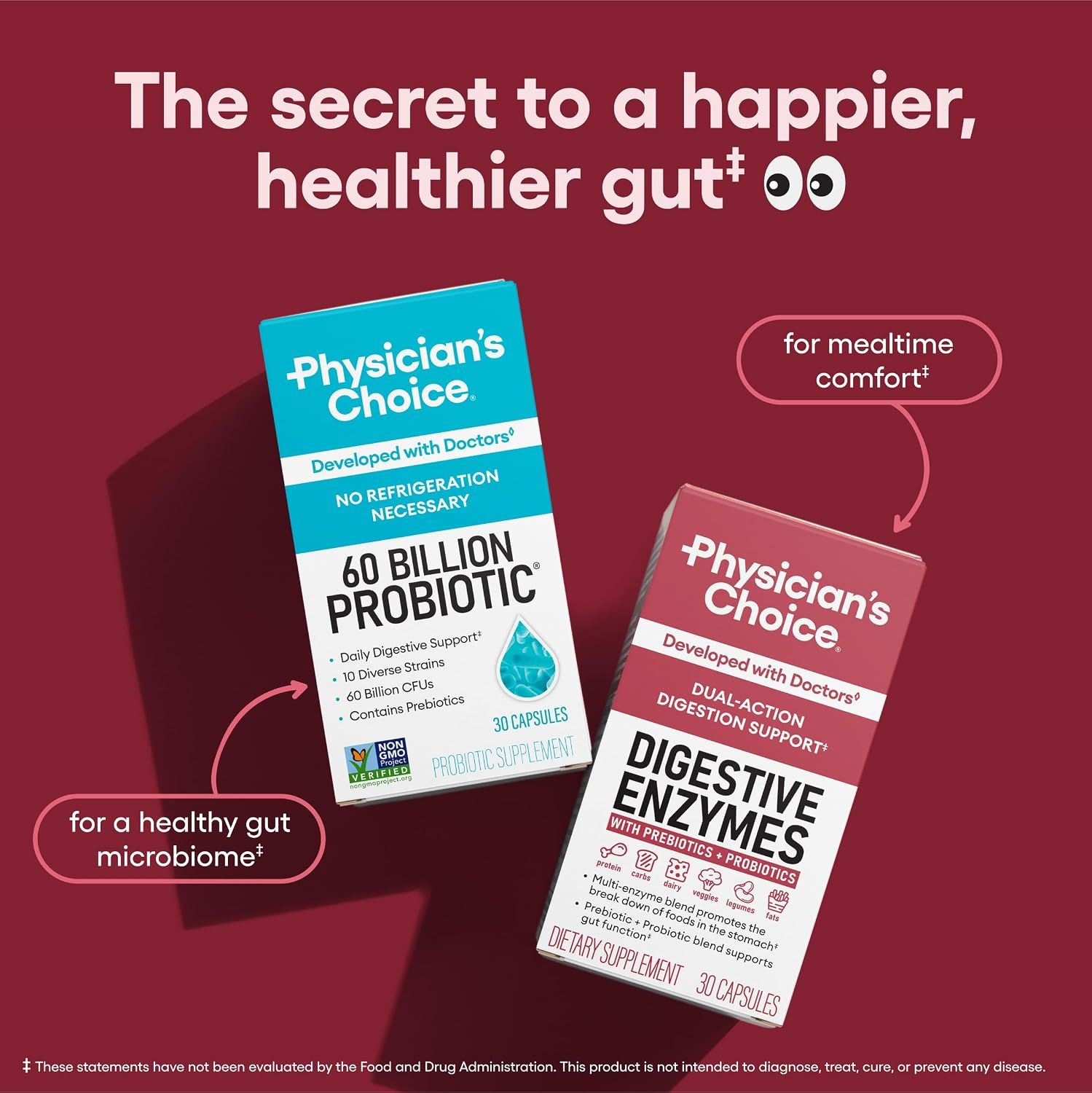 Showcases the brand's digestive health product lineup, positioning the probiotic and digestive enzyme products as complementary solutions for gut health.