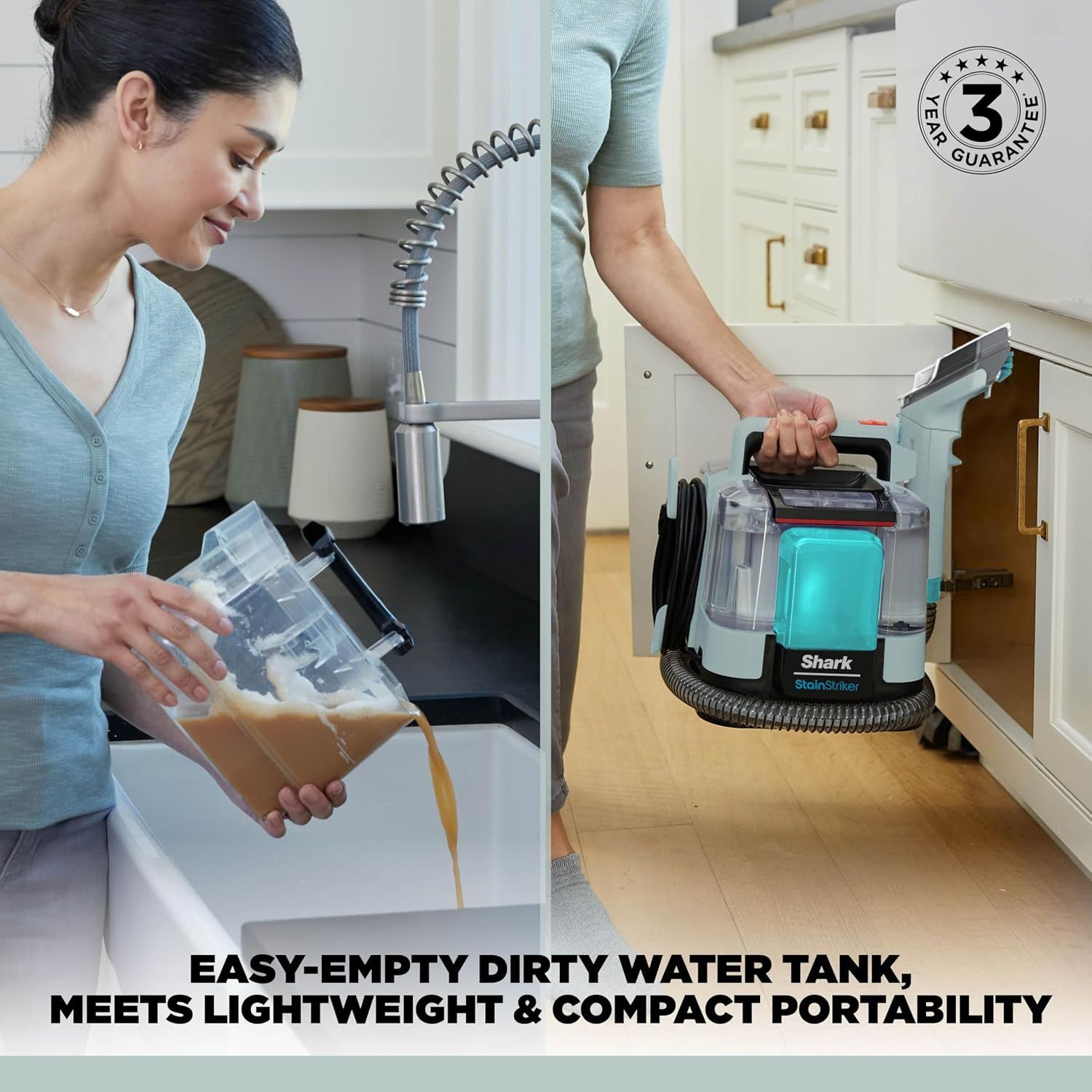 Highlights three distinct benefits in a segmented two-panel layout: the easy-empty dirty water tank, lightweight design, and compact portability for convenient use and maintenance.