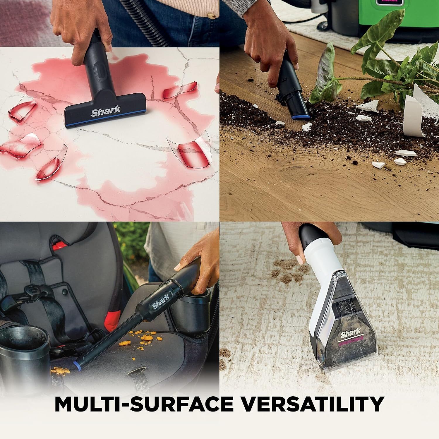 Shows the product can clean multiple surface types including carpets, hard floors, upholstery, and car interiors, reassuring shoppers of its wide-ranging utility throughout the home and beyond.