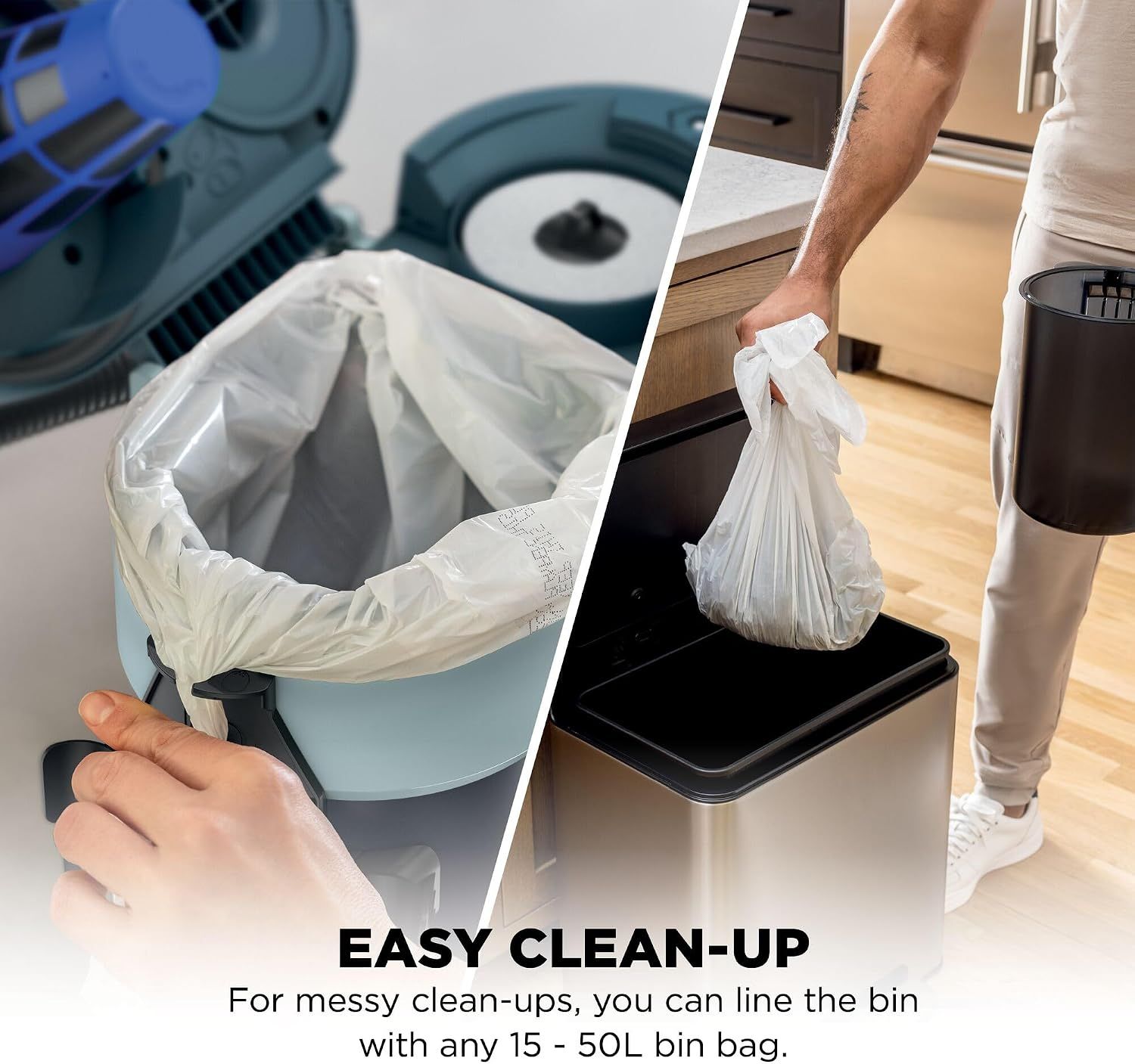 Demonstrates the convenience of lining the bin with standard bin bags for hassle-free disposal, reassuring shoppers of simple maintenance.