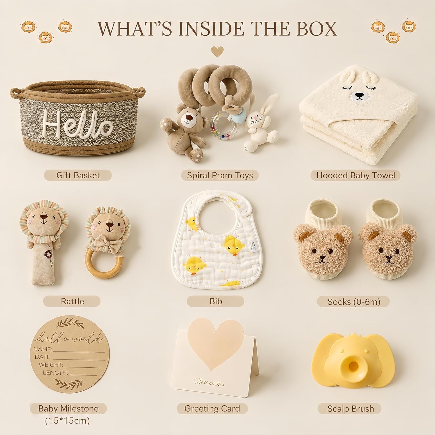 Shows all the items included in the baby gift box to help shoppers understand the full value and variety of what they will receive.