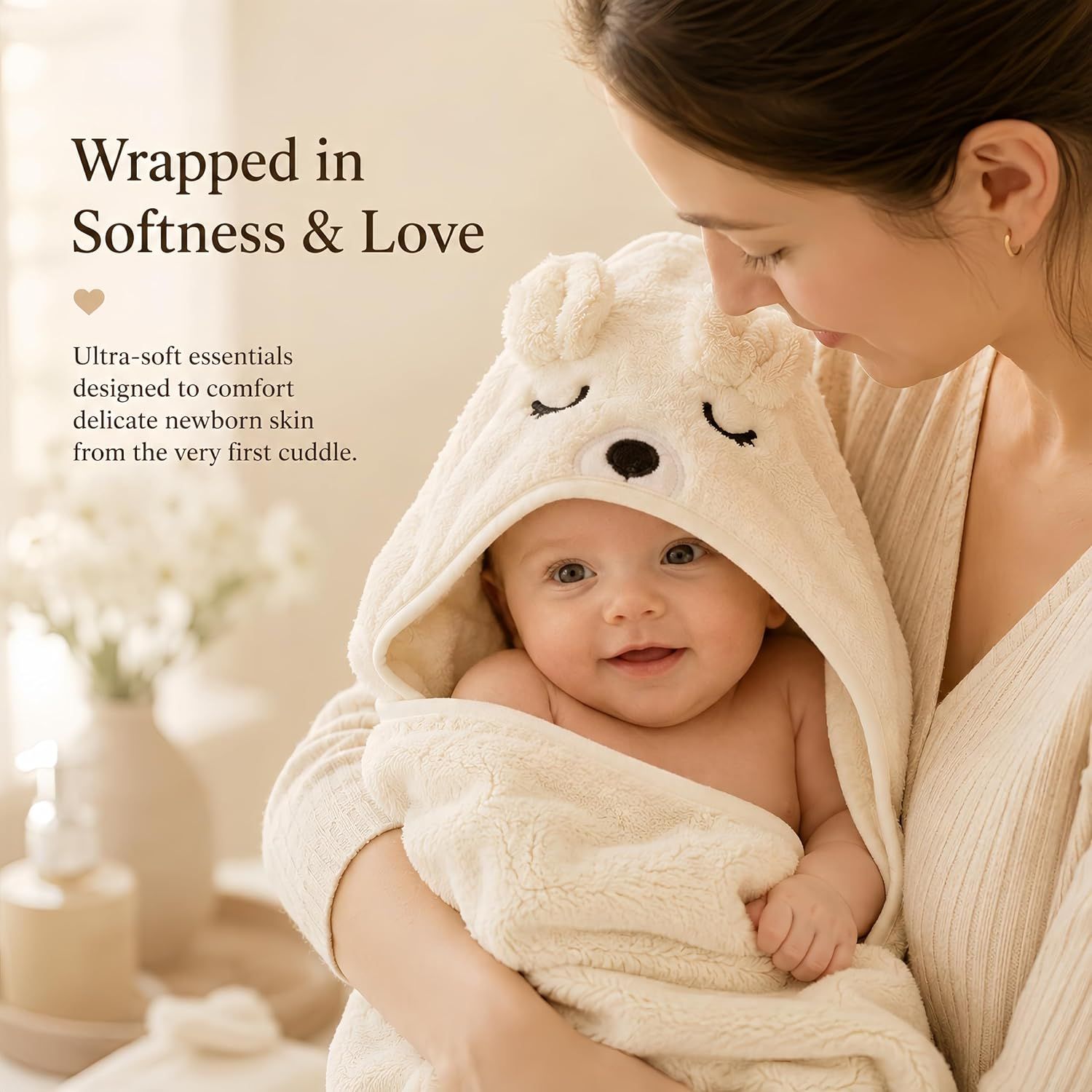 Highlights the ultra-soft materials designed to comfort delicate newborn skin from the very first cuddle, reassuring parents about gentleness and quality.