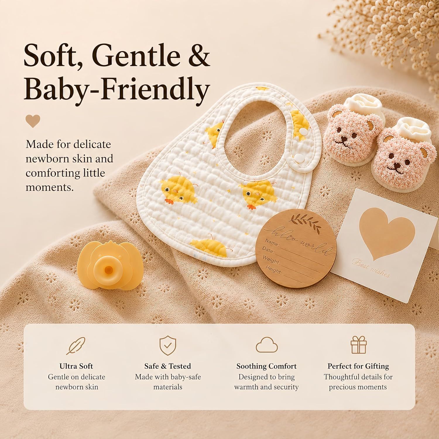Showcases four distinct benefits in a segmented layout: ultra-soft materials, safety testing, soothing comfort, and gifting appeal, helping shoppers understand multiple value propositions at once.