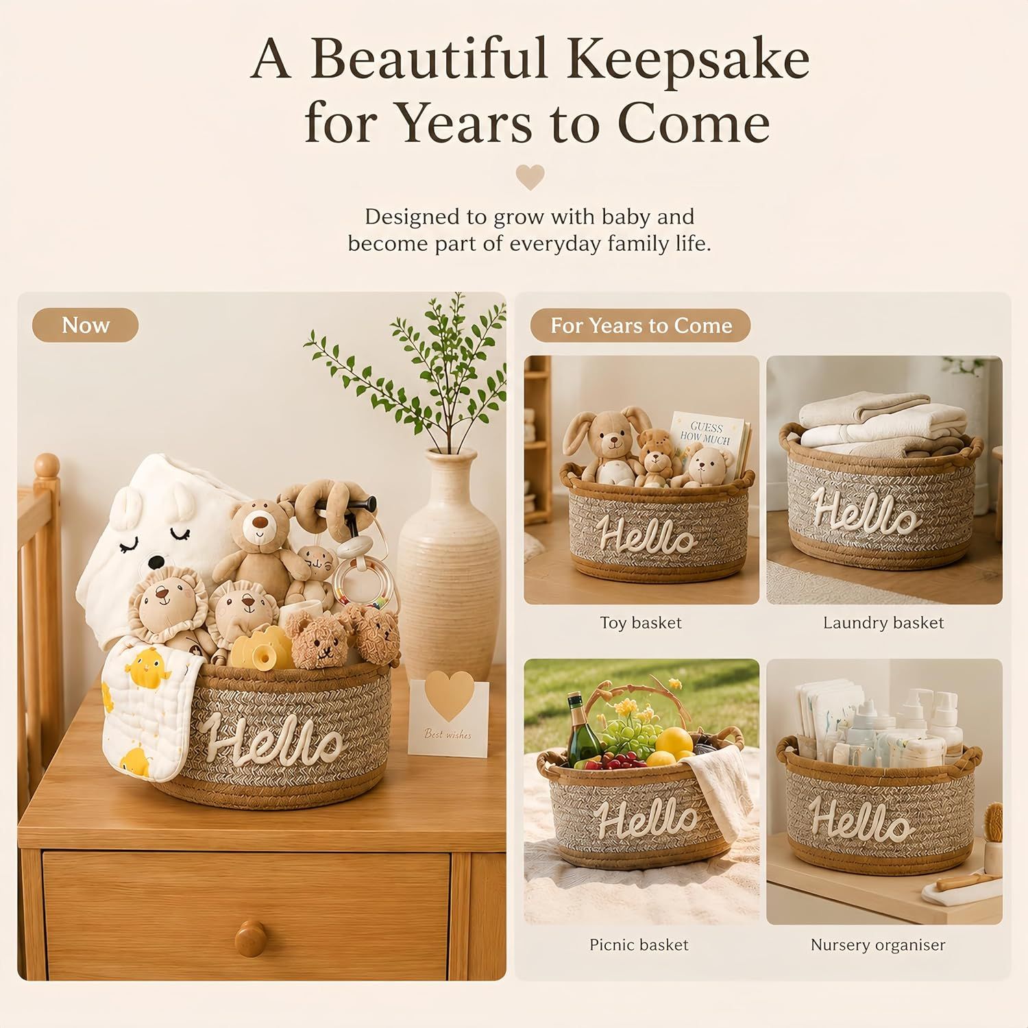 Demonstrates the basket's versatility by showing multiple use cases over time: toy basket, laundry basket, picnic basket, and nursery organizer, emphasizing long-term value and adaptability.