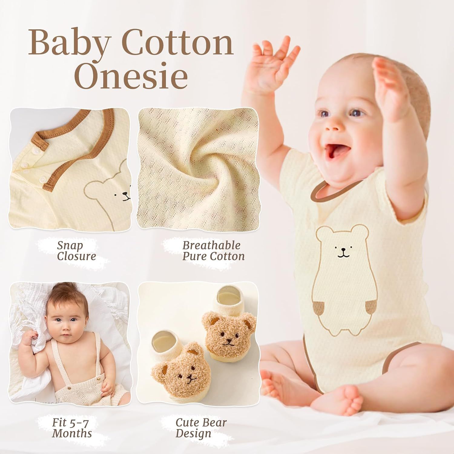 Highlights multiple distinct benefits of the baby onesie in a segmented layout to communicate quality, convenience, and design appeal.