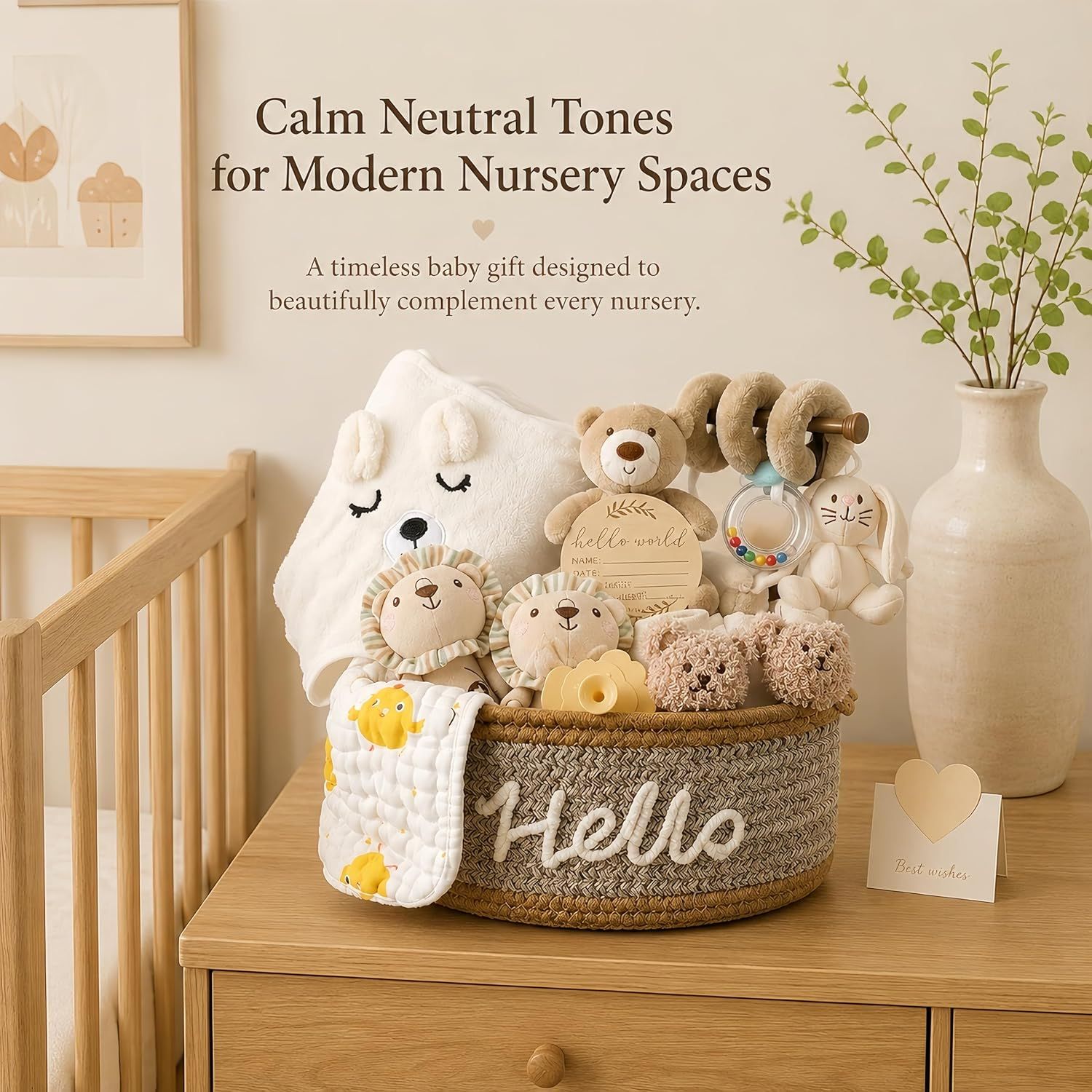 Highlights the calm neutral tones and timeless design that beautifully complement modern nursery spaces, appealing to style-conscious parents.