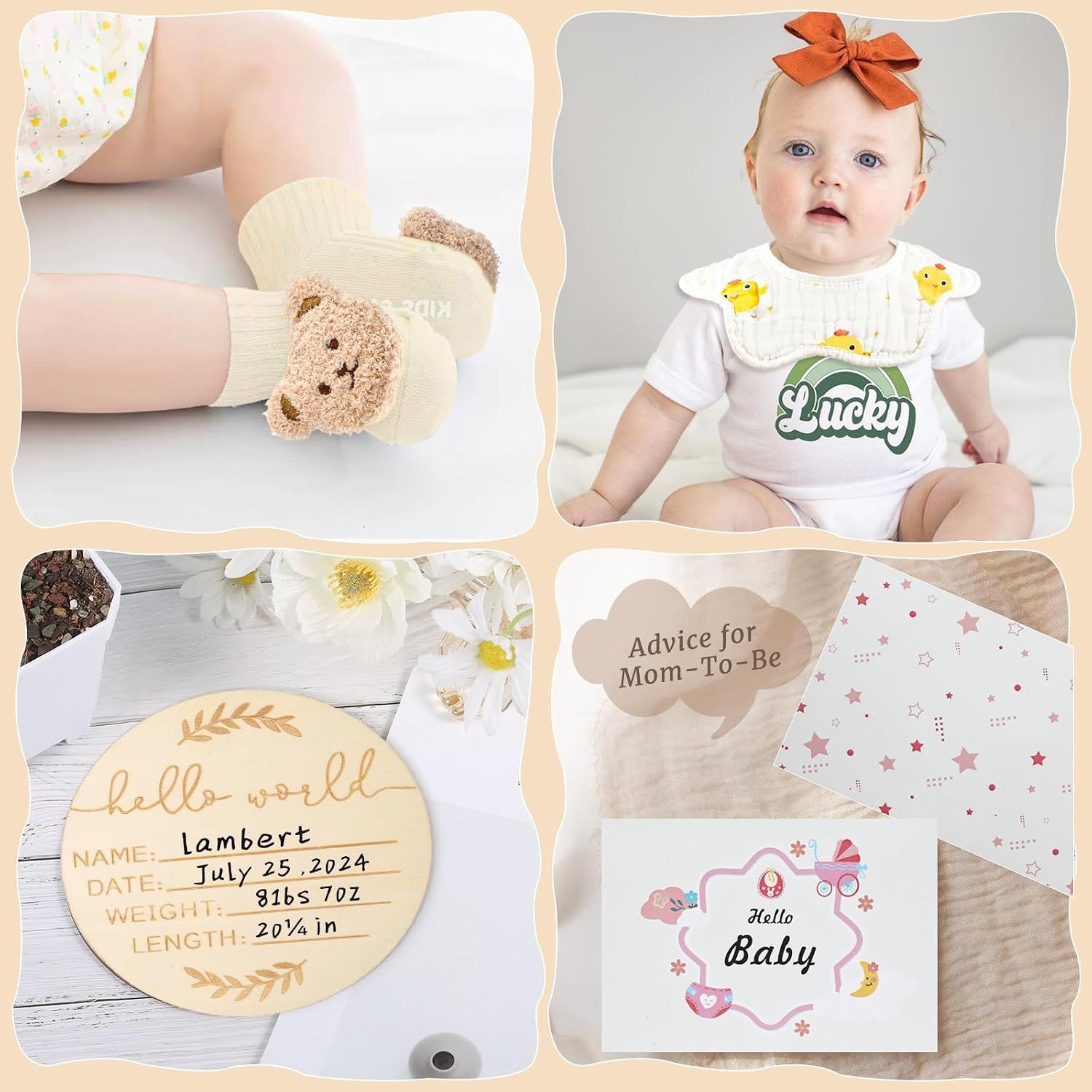 Displays individual items from the baby gift set in lifestyle context to show shoppers what they receive and how each piece looks in use.