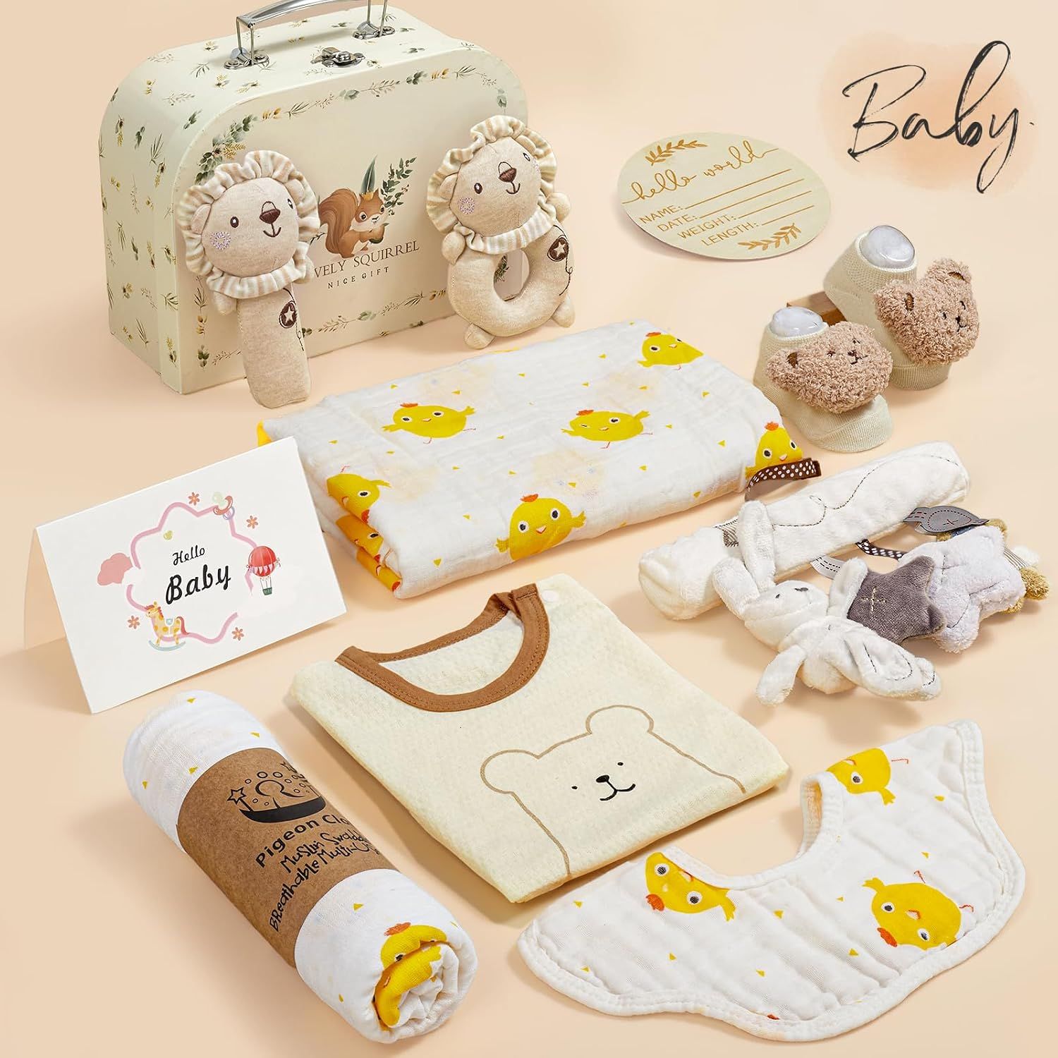 Shows all items included in the baby gift set laid out together to give shoppers a complete view of the bundle contents and presentation.