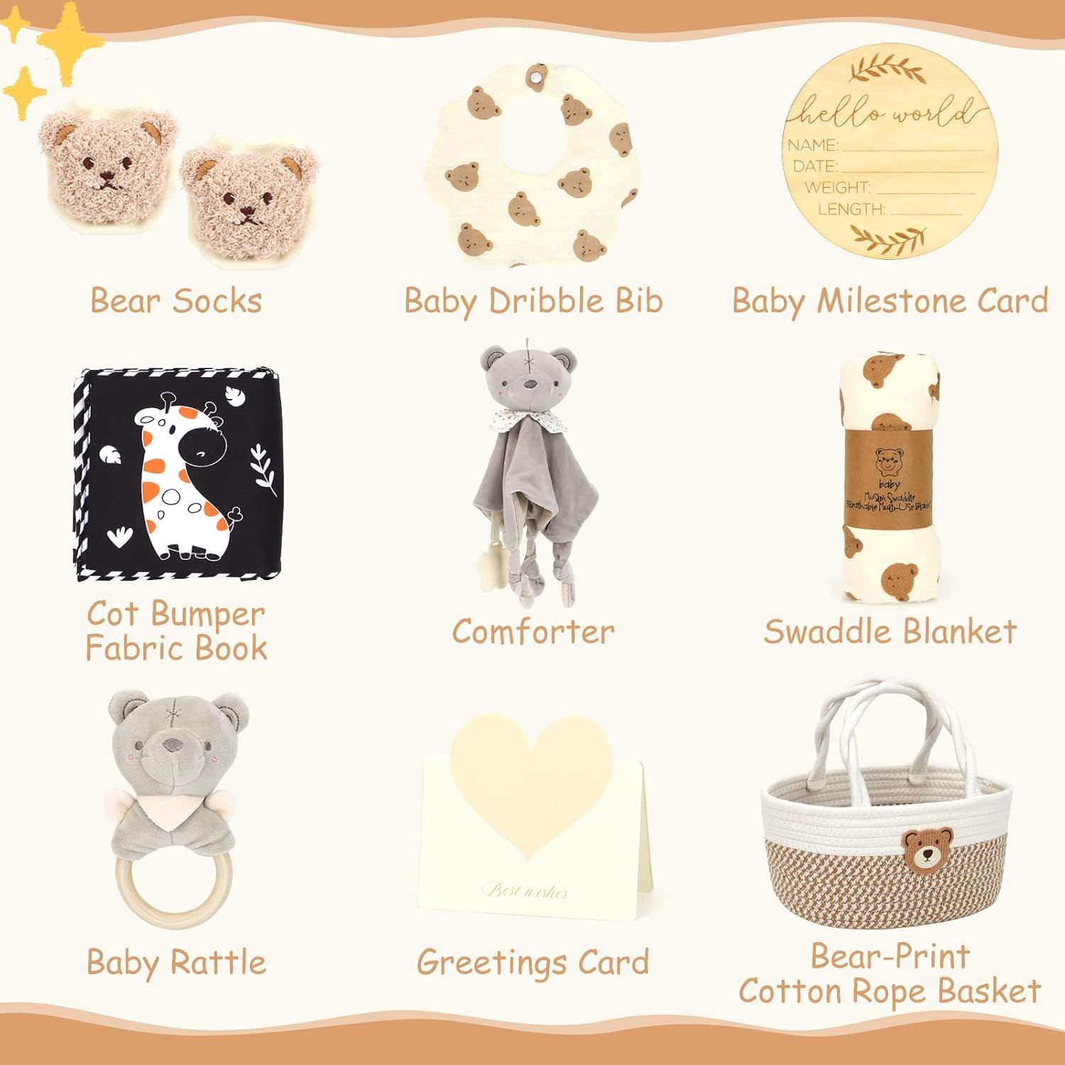 Shows all the items included in the baby gift set so shoppers can see exactly what they receive when purchasing this bundle.