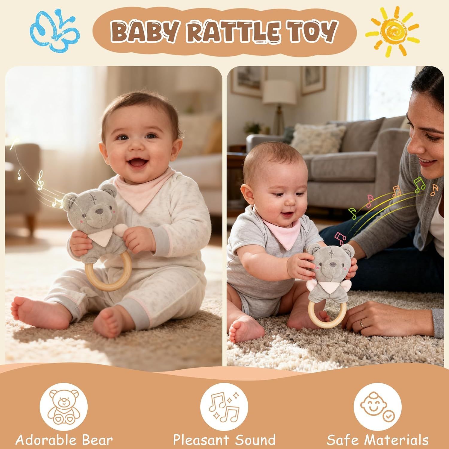 Highlights three distinct benefits of the baby rattle toy through a segmented layout with lifestyle photos and icon-based callouts at the bottom.