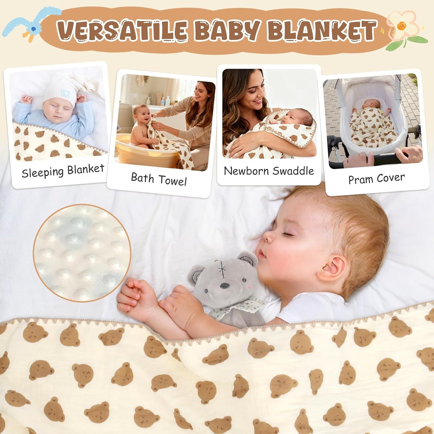 Demonstrates the versatility of the baby blanket by showing four different use scenarios in a multi-panel layout, reassuring shoppers of the product's multi-functional value.