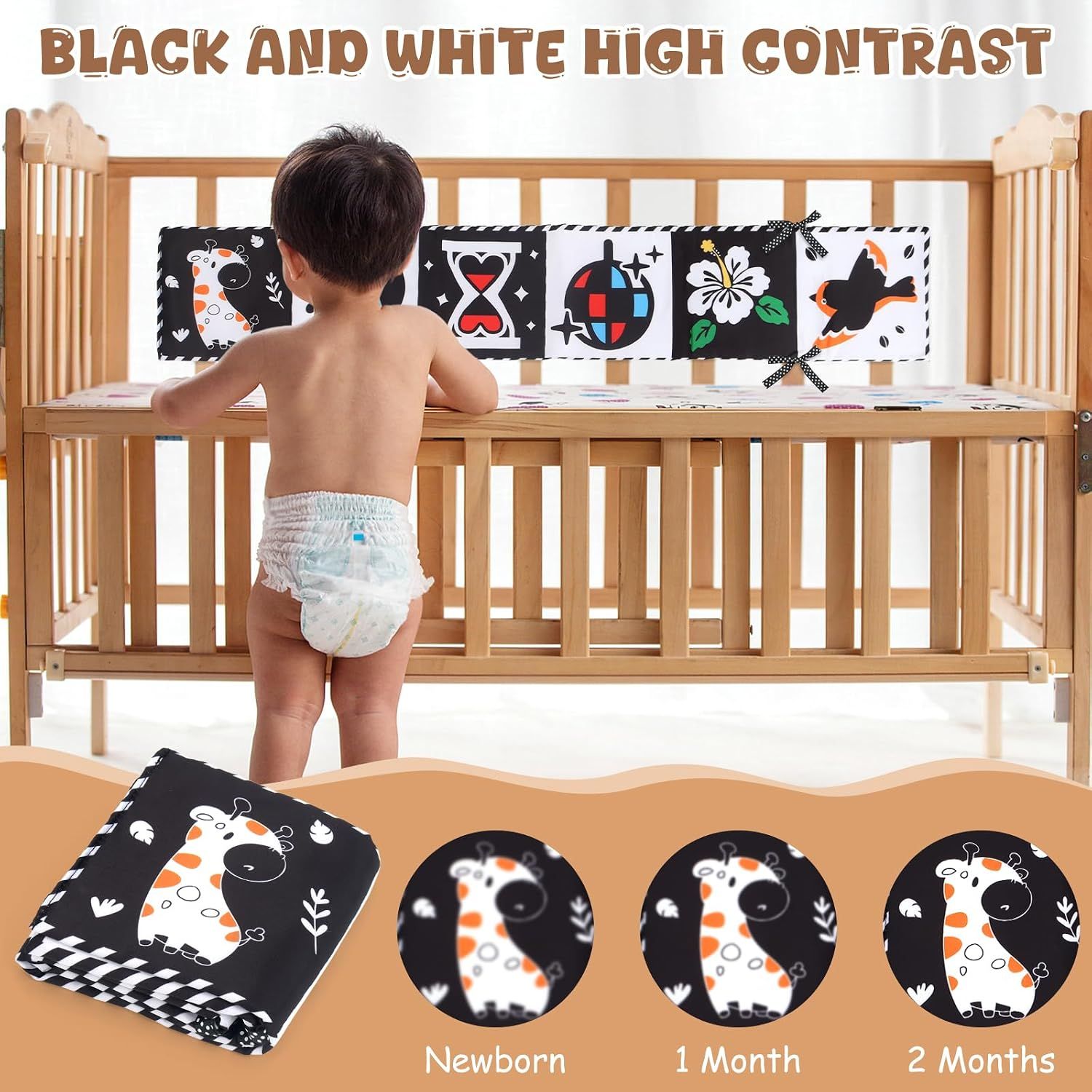 Highlights the black and white high contrast design feature that aids in newborn visual development, showing the product in use within a crib setting.