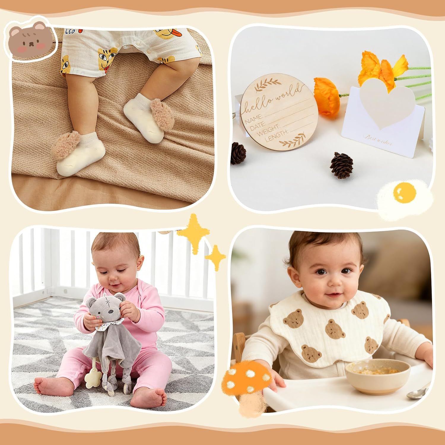 Shows the various items and their uses within the gift set through a four-panel lifestyle collage, demonstrating the versatility and completeness of the baby product bundle.