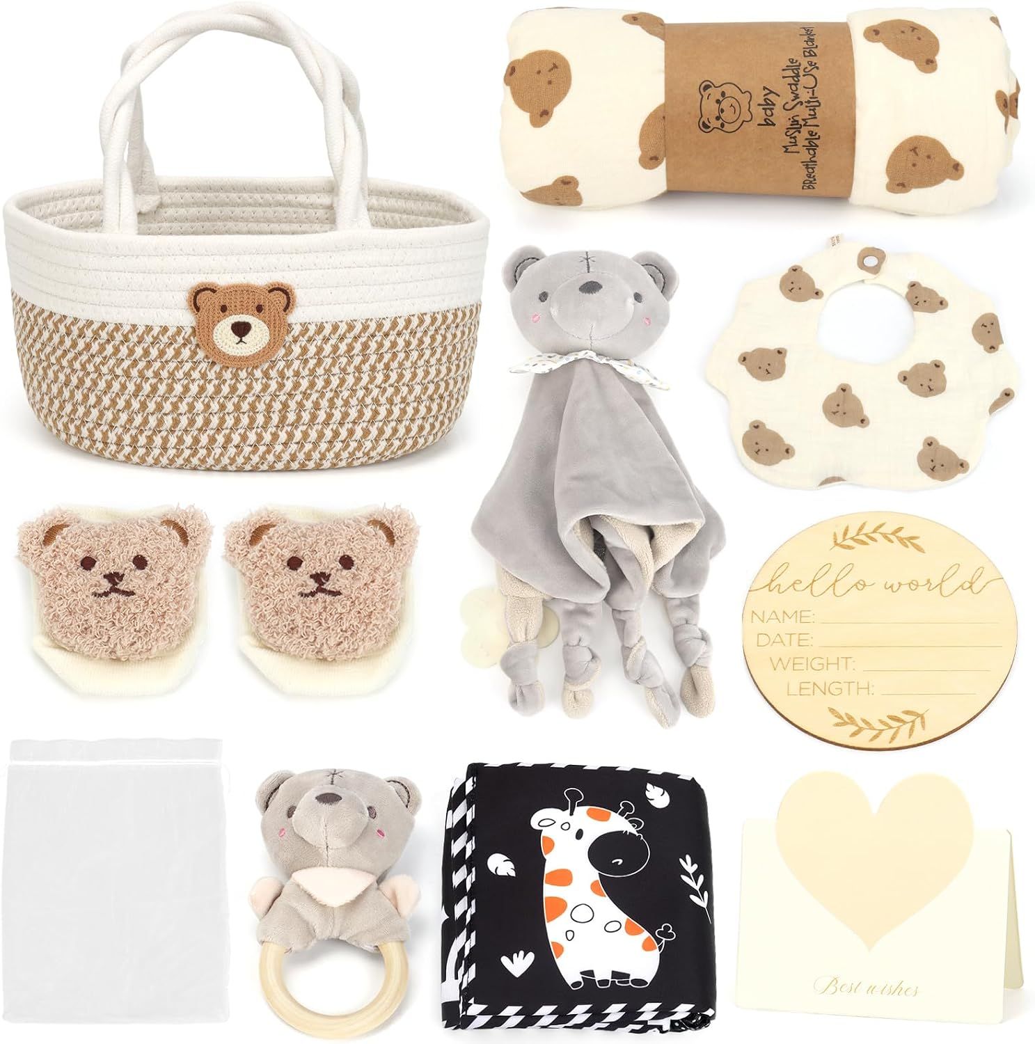 Displays all the individual items included in the baby gift bundle in a flat-lay format so shoppers can clearly see what they will receive.