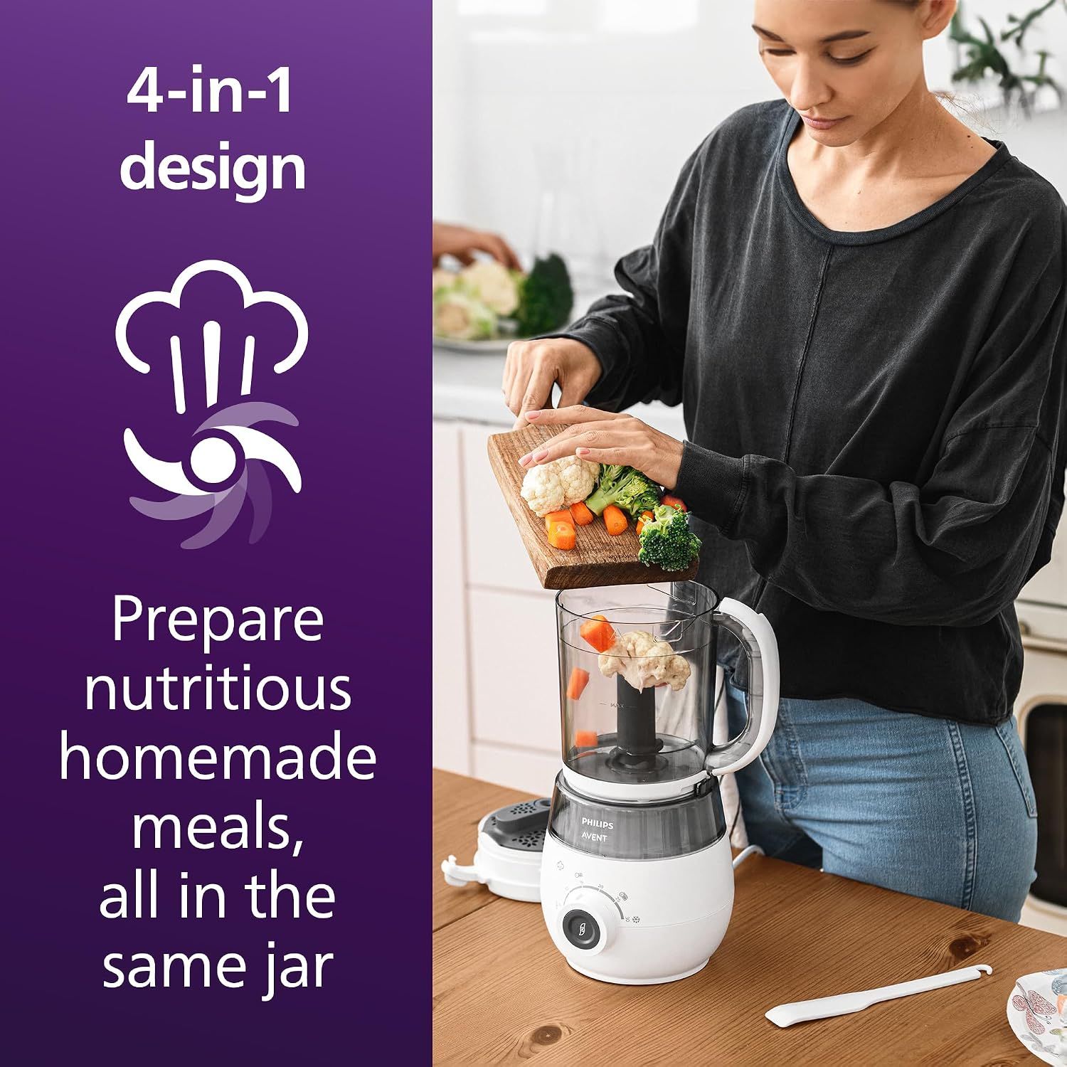 Highlights the product's 4-in-1 versatility, showing how it can prepare nutritious homemade meals all in one jar, reassuring parents of convenience and efficiency.