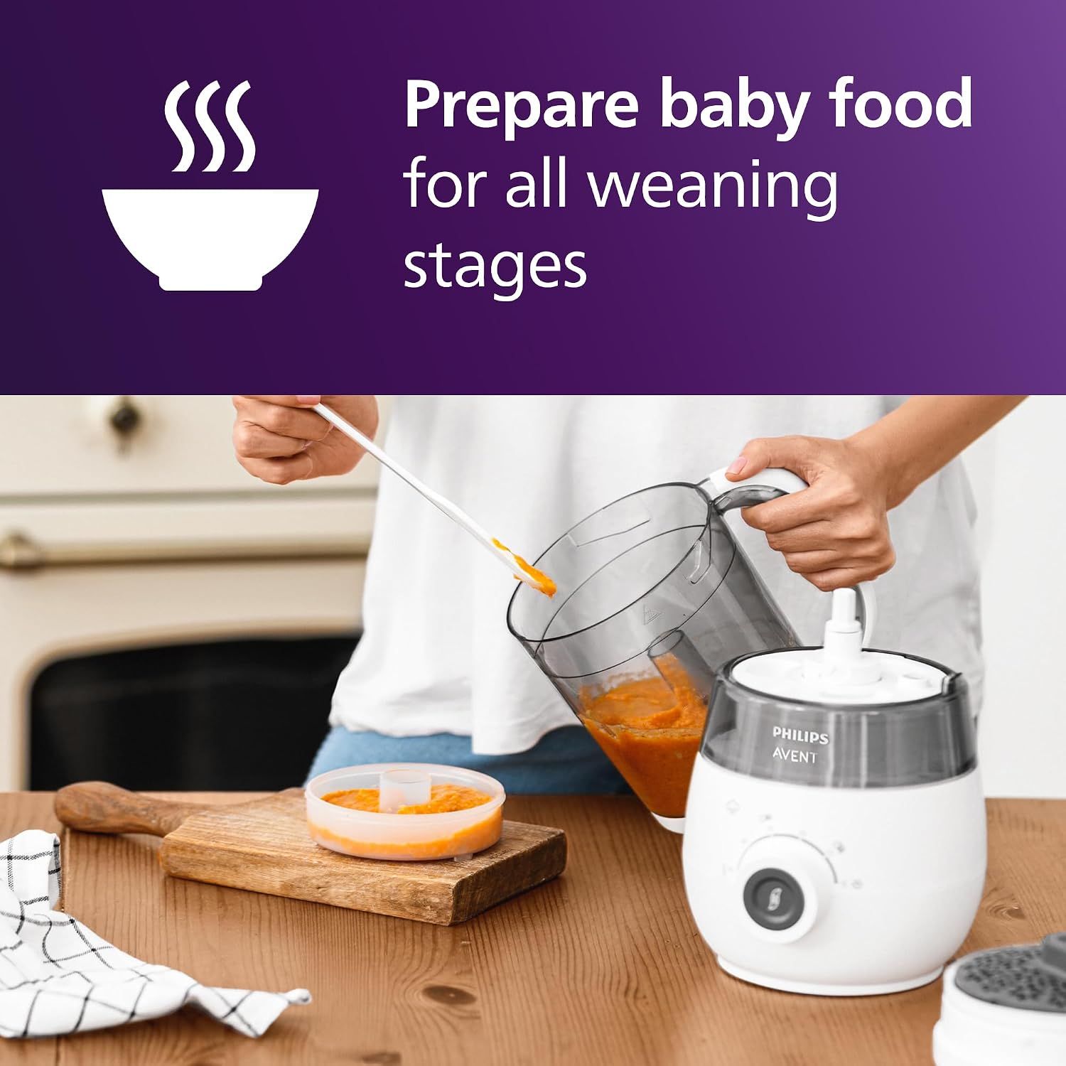 Communicates that the product can prepare baby food for all weaning stages, reassuring parents of long-term usability and value.