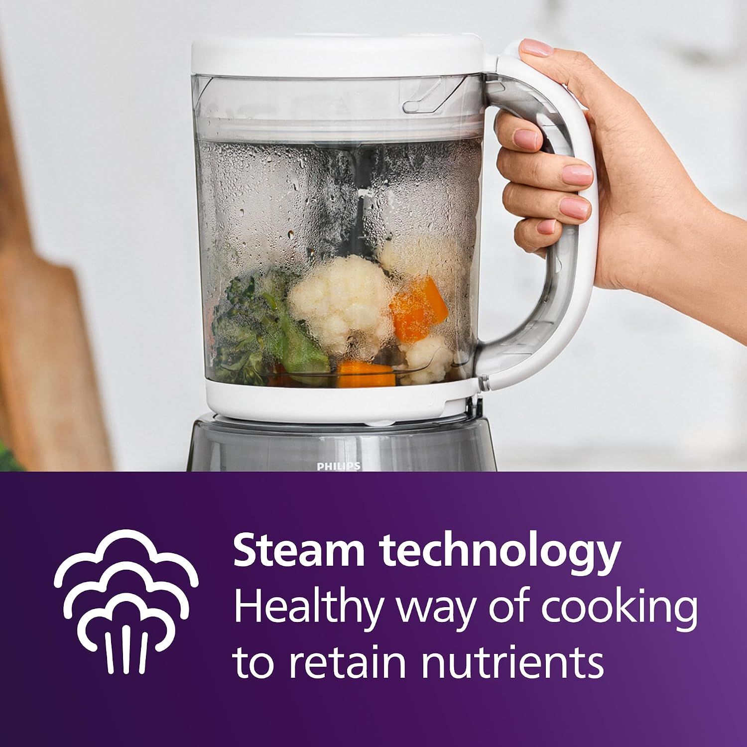 Highlights the steam technology as a healthy cooking method that retains nutrients, reassuring health-conscious parents about nutritional quality.