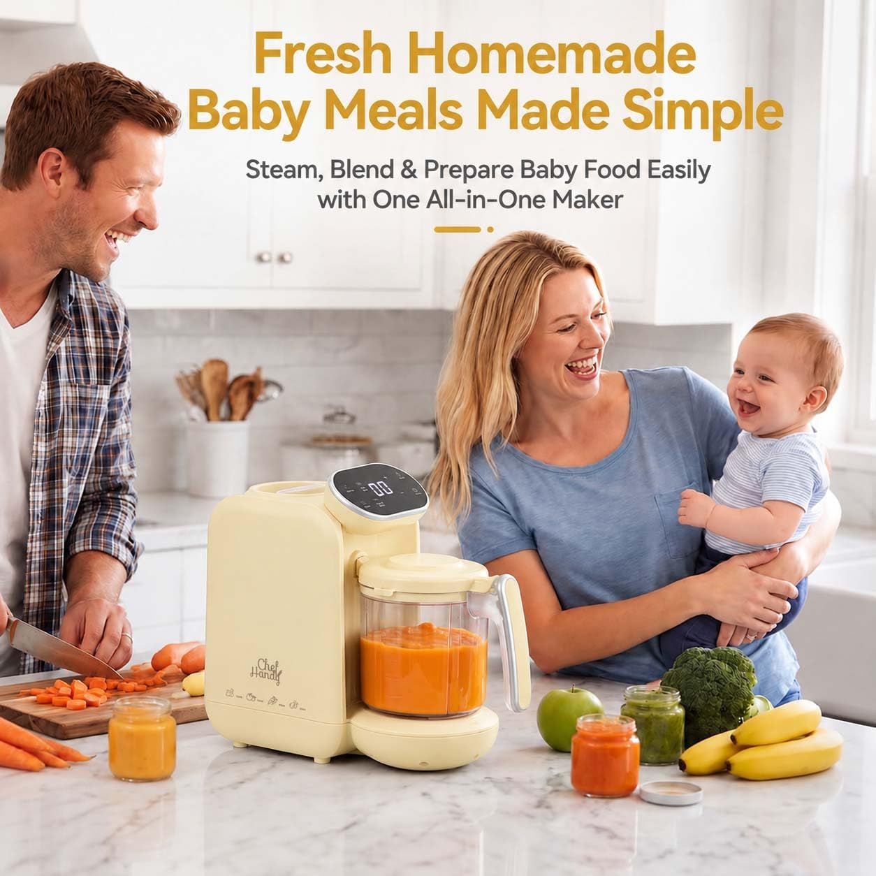 Communicates the product's core benefit of simplifying homemade baby food preparation with an all-in-one steam, blend, and prepare system, reassuring parents that fresh baby meals are easy to make.