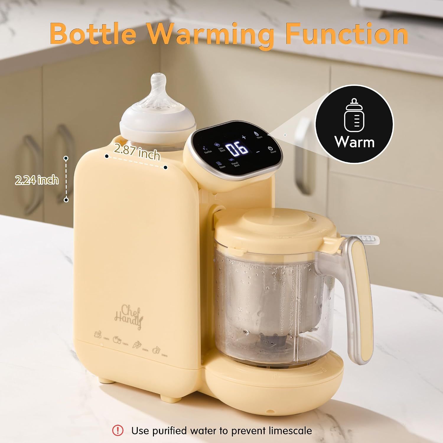 Highlights the product's bottle warming capability with dimensional reference, showing parents that the device can warm baby bottles in addition to making food. Shows the physical dimensions of the…