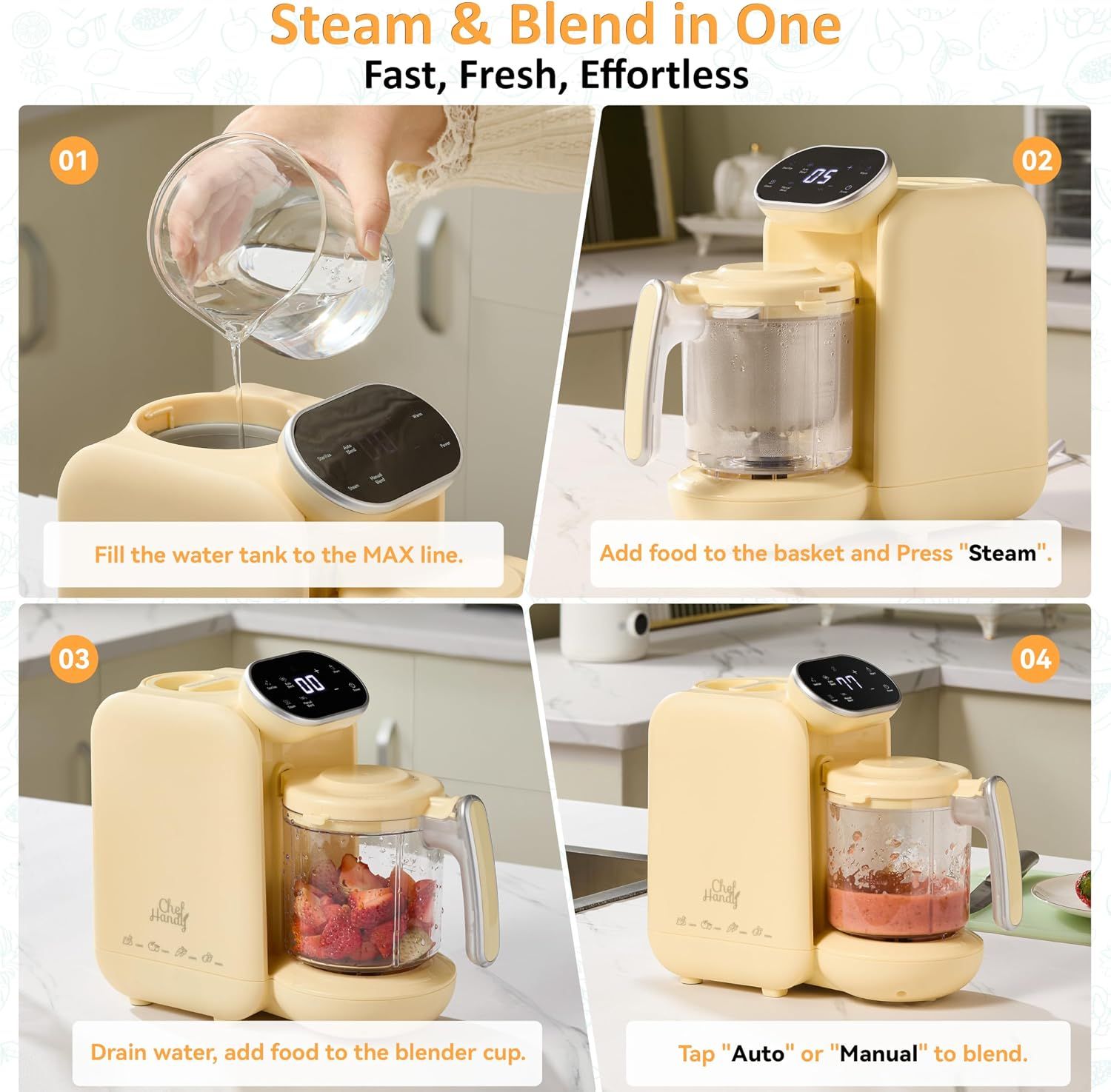 Provides clear 4-step instructions showing how to use the baby food maker: fill water, add food and steam, drain and add to blender, then blend, reassuring parents that the process is simple and…