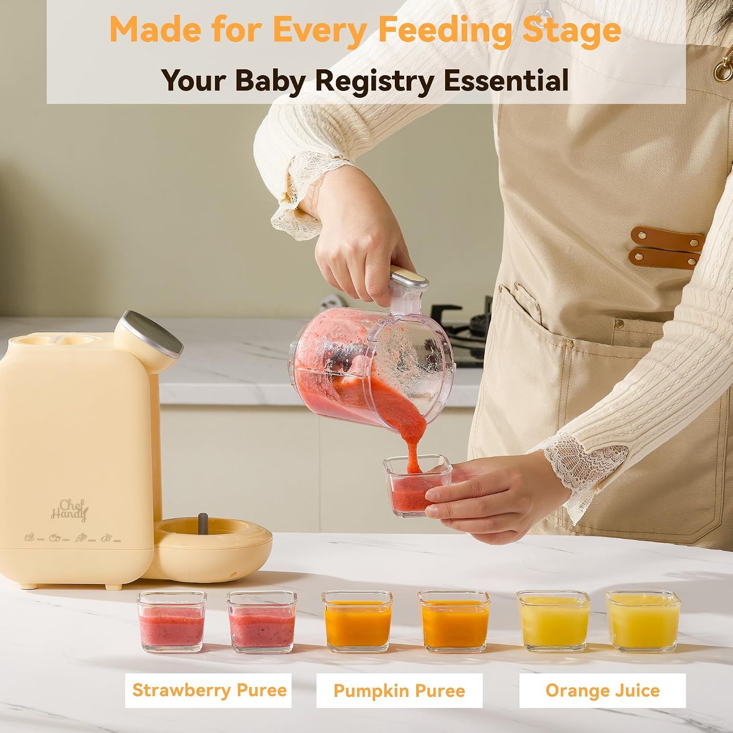 Demonstrates the product's versatility by showing it can make different types of baby food (strawberry puree, pumpkin puree, orange juice) for various feeding stages, positioning it as a baby…