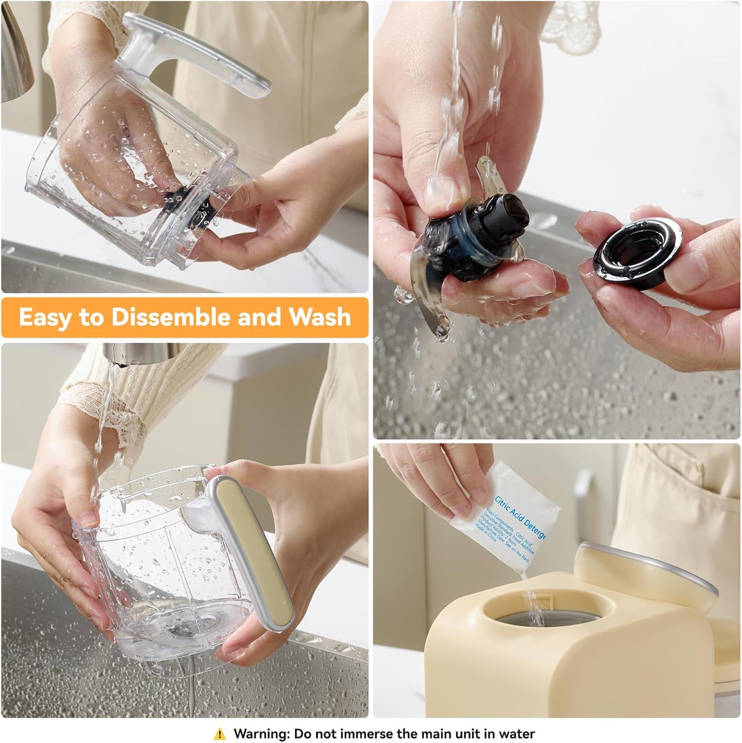 Highlights the product's easy cleaning and maintenance by showing the disassembly and washing process, reassuring parents that cleanup is simple and convenient.