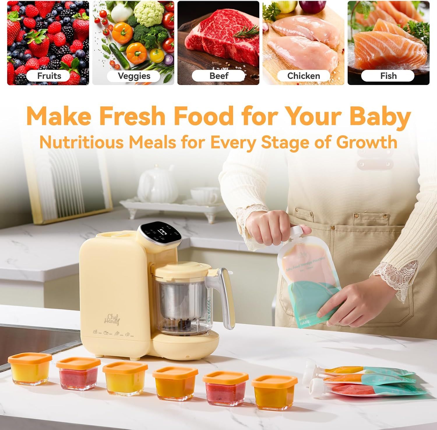 Showcases the product's versatility by displaying the wide variety of fresh ingredients it can process (fruits, veggies, beef, chicken, fish), emphasizing nutritious meal preparation for every stage…