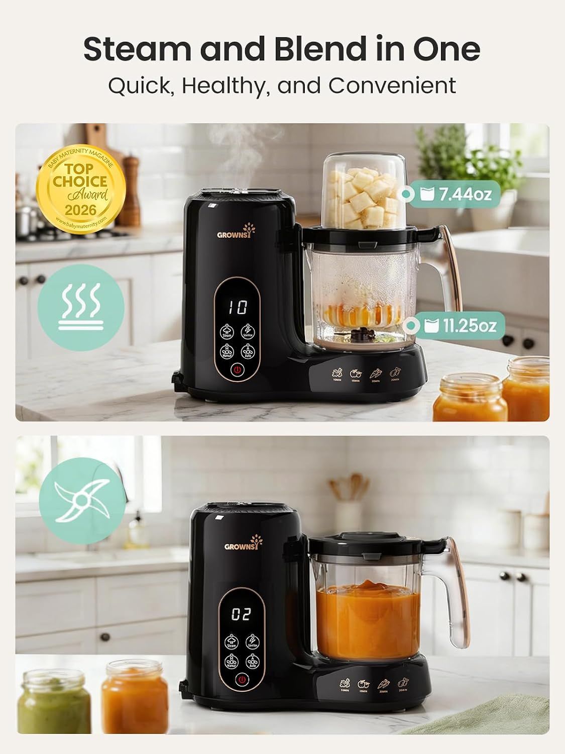 Highlights the product's dual steam-and-blend capability, convenience, and two container sizes to show versatility and time-saving benefits for parents.