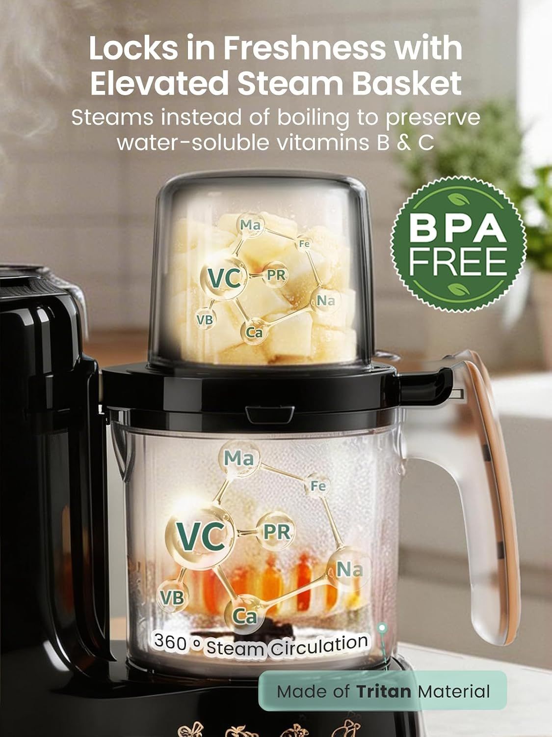 Breaks down the product's physical components and design features, showing how the steam basket and circulation system preserve nutrients and highlighting BPA-free material safety. Reassures parents…