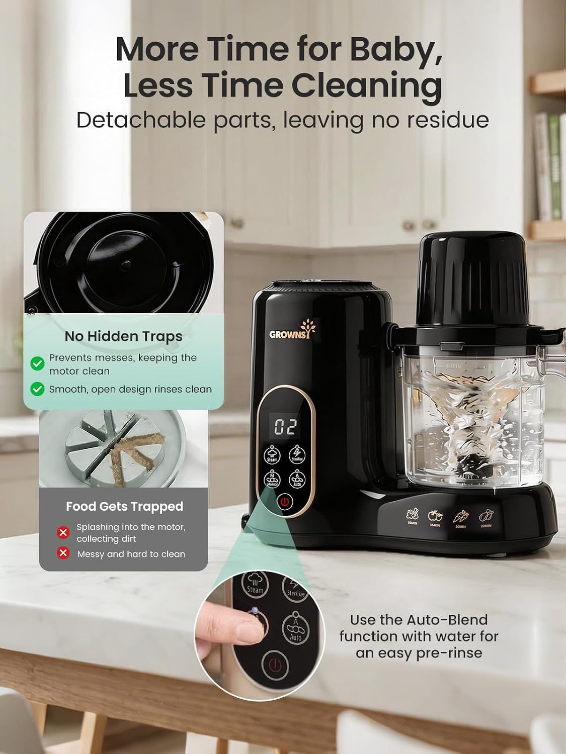 Compares this product's easy-to-clean design with competing products that have hidden traps and messy motors, emphasizing convenience and time-saving for busy parents.