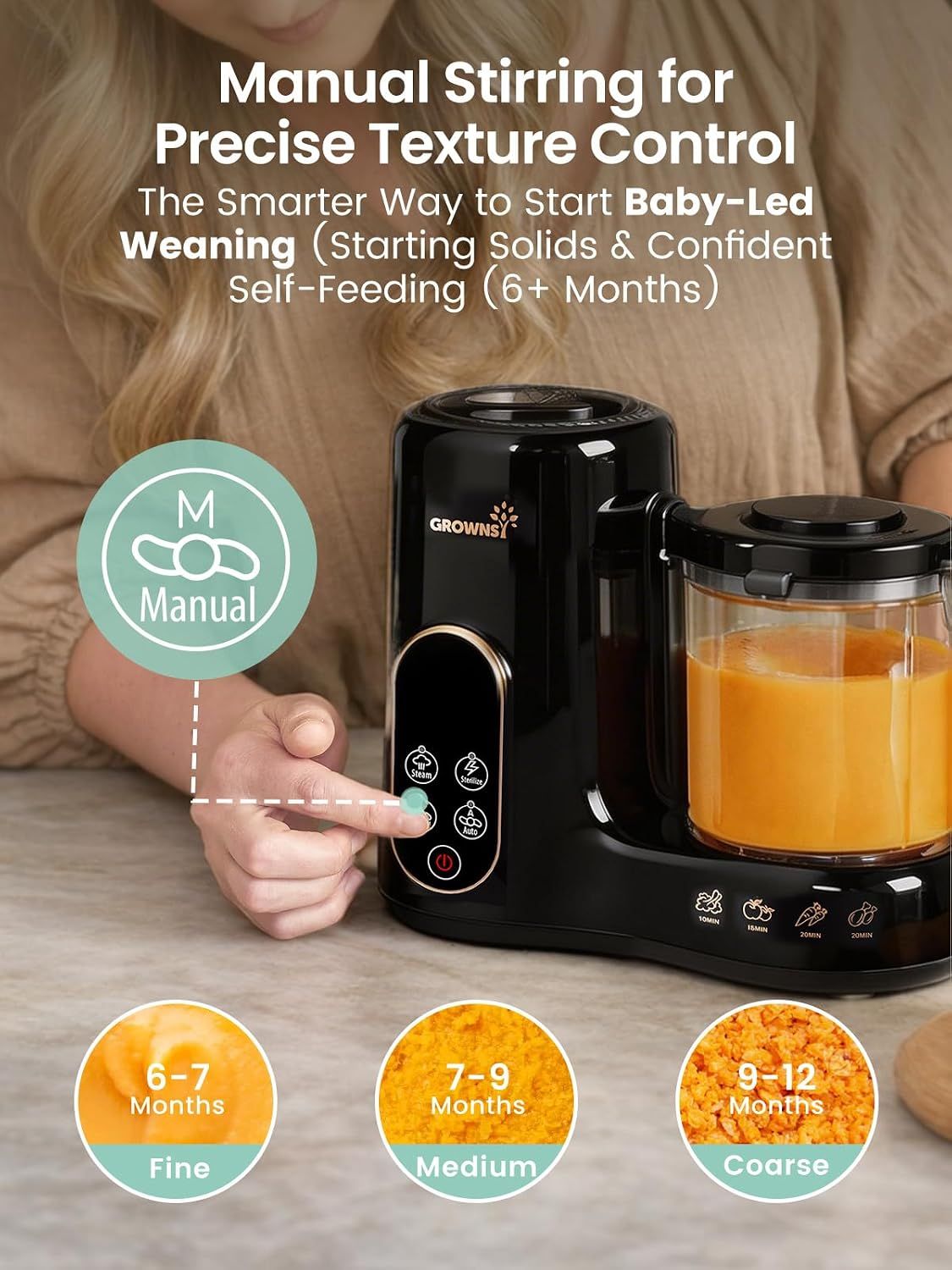 Highlights the manual stirring feature that allows precise texture control for different stages of baby-led weaning, giving parents confidence in preparing age-appropriate food.