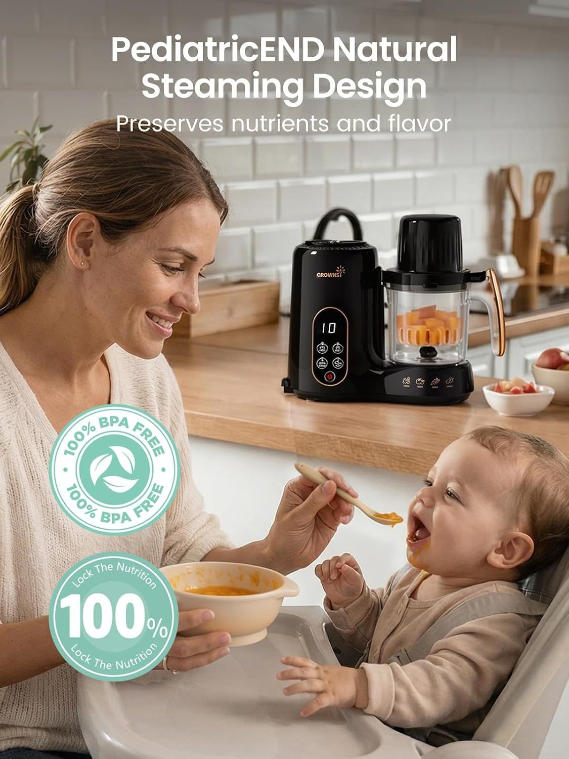 Highlights the product's pediatric-recommended natural steaming design that preserves nutrients and flavor, reassuring parents about healthy meal preparation for their baby. Emphasizes the product's…