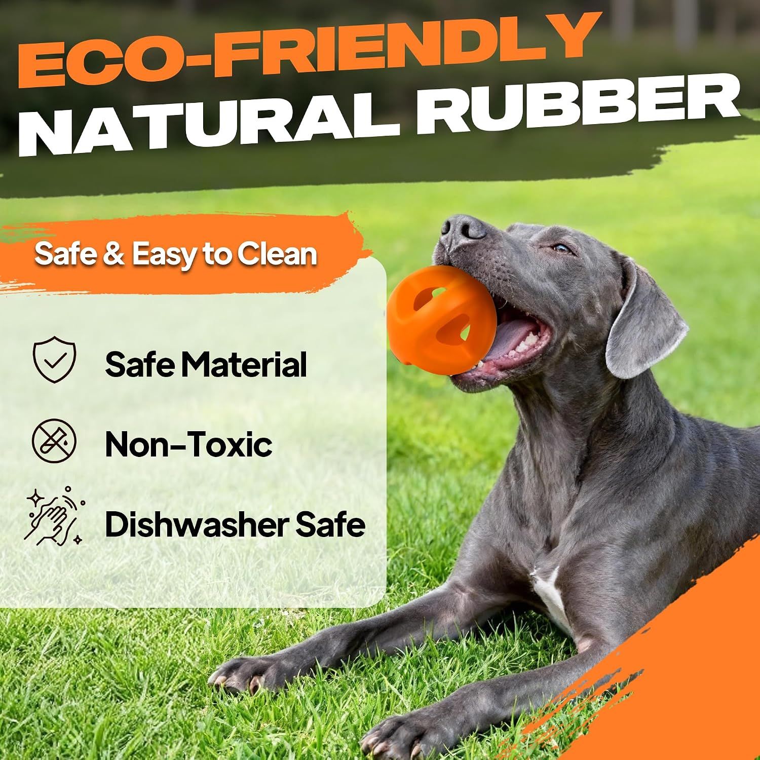 Reassures shoppers that the product is made from eco-friendly natural rubber and is safe, non-toxic, and easy to clean. Highlights multiple safety and convenience benefits in a segmented layout with…