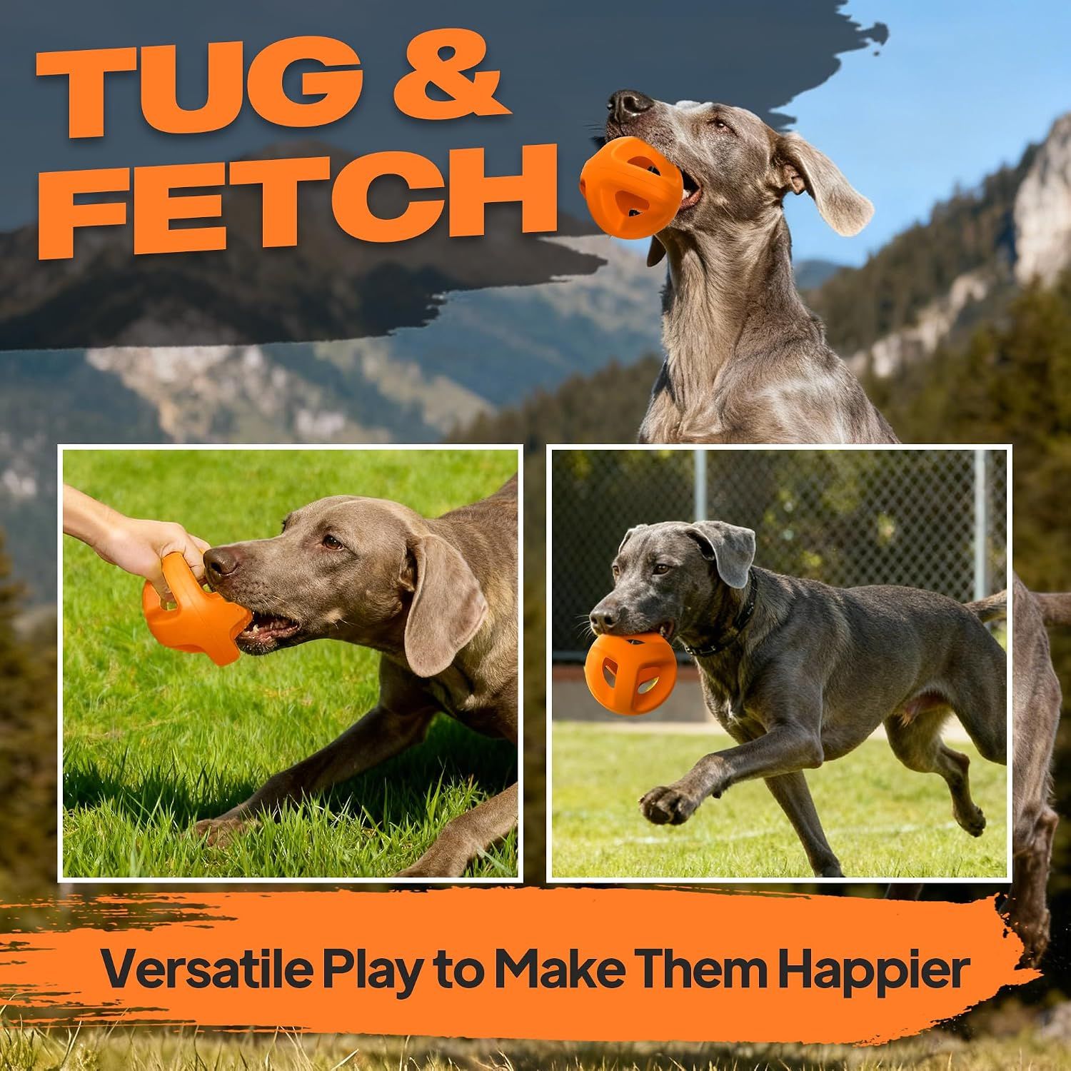 Demonstrates multiple play scenarios (tug and fetch) to show the product's versatility and ability to keep dogs entertained.
