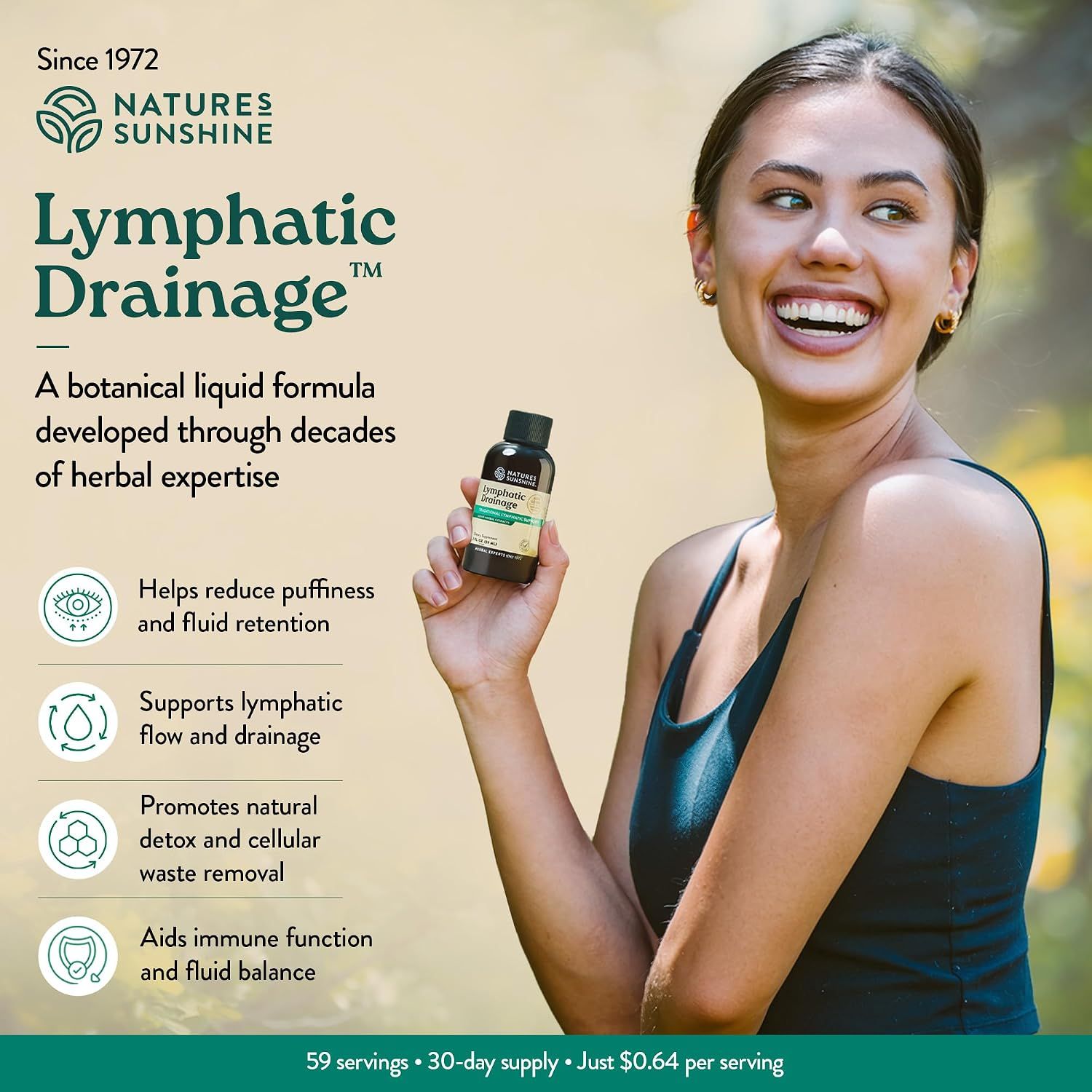 Communicates multiple distinct health benefits of the lymphatic drainage supplement in a segmented layout with icons, reassuring shoppers of its comprehensive wellness support.