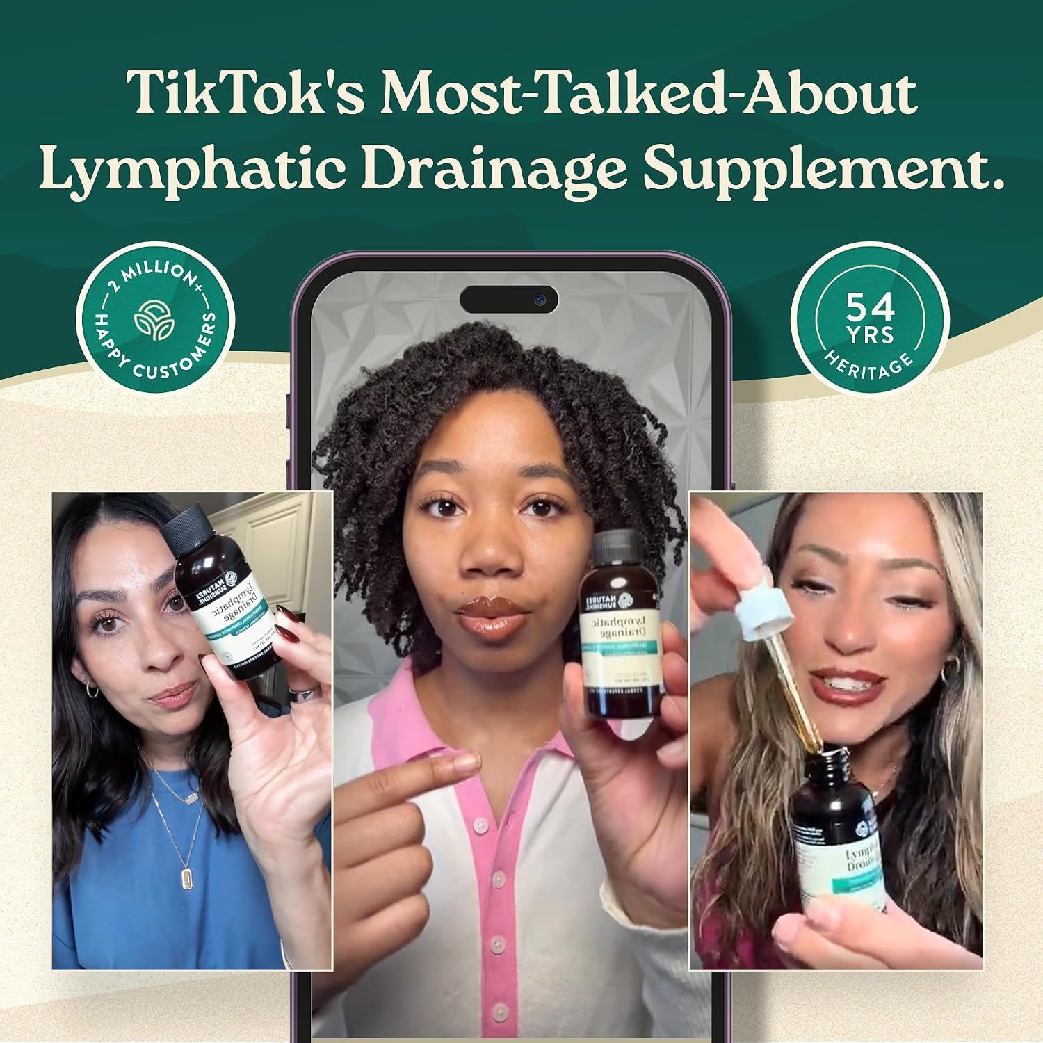 Builds social proof and trust by showcasing real customer content and highlighting the product's viral popularity on TikTok, along with brand heritage and customer base metrics.