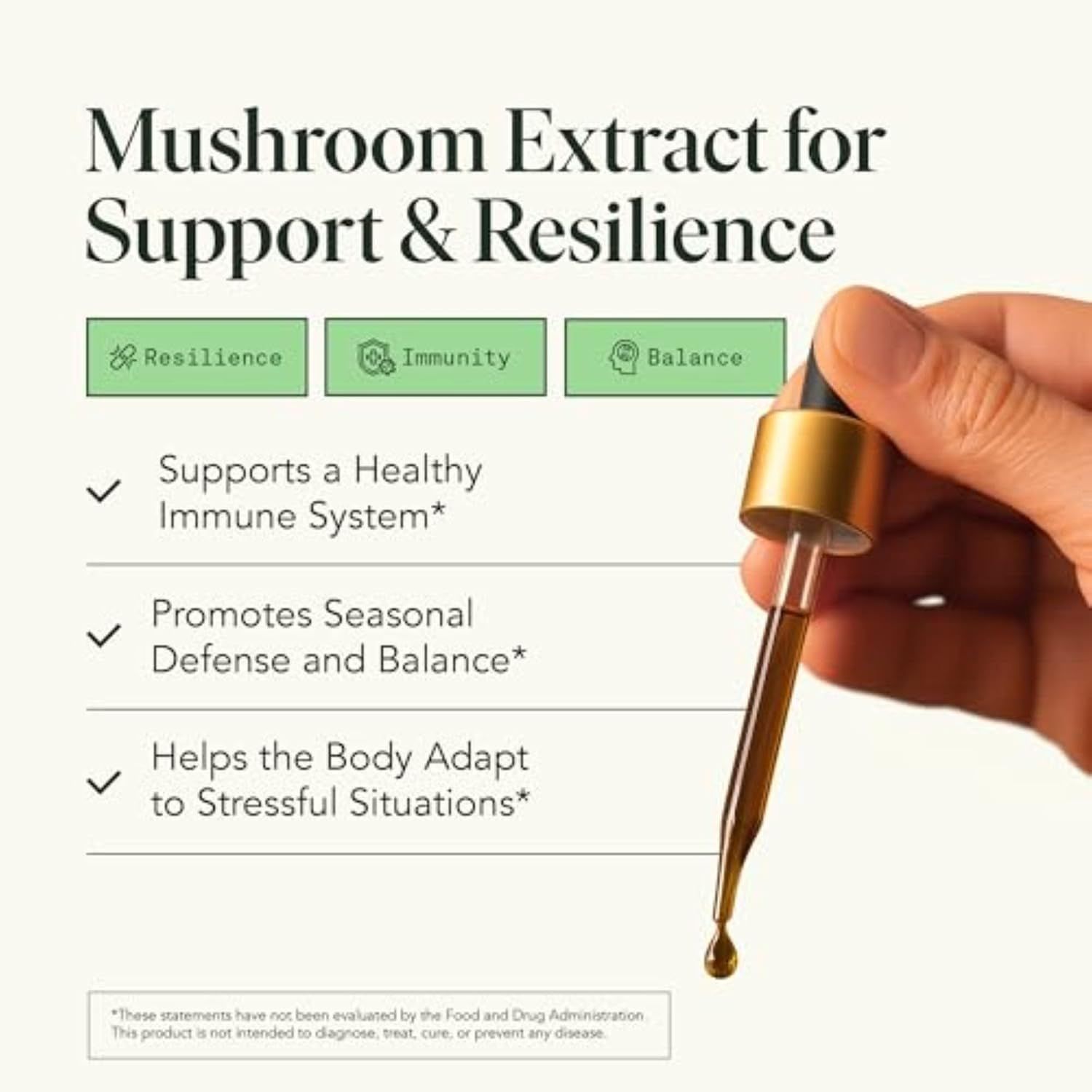 Highlights three distinct health benefits of the mushroom extract: immune system support, seasonal defense and balance, and stress adaptation, presented in a segmented checklist layout.