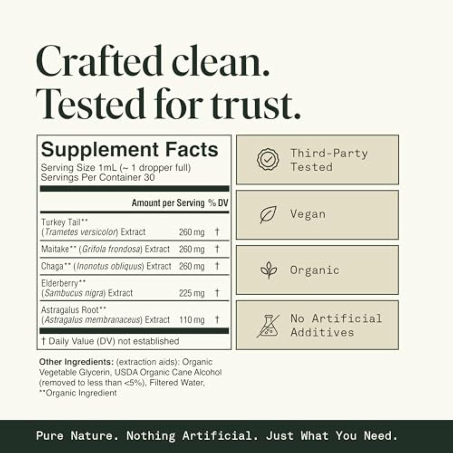 Communicates product quality and purity through multiple certifications and attributes, alongside supplement facts, to build trust and reassure health-conscious shoppers.