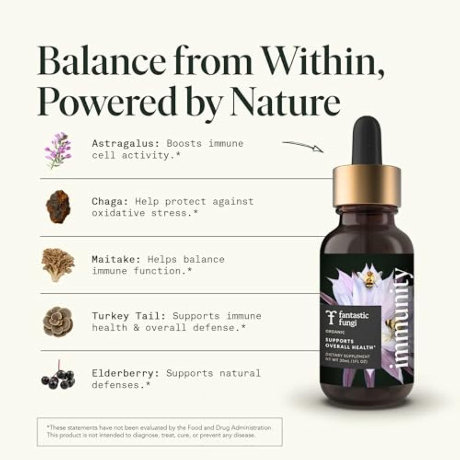 Breaks down the five key ingredients in the formula with visual icons and descriptions of what each botanical component does for immune health and balance.