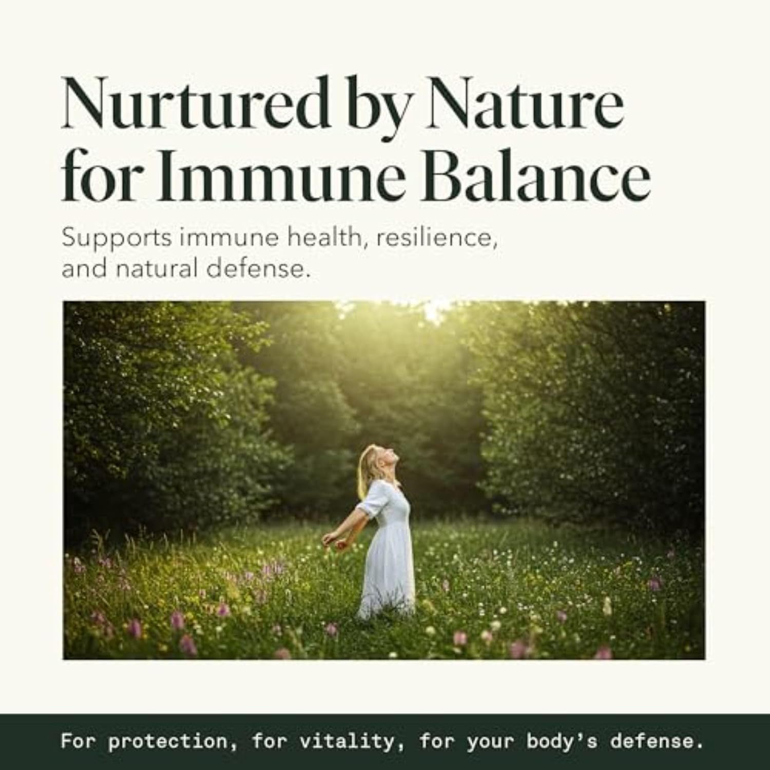 Communicates the core benefit of immune health support through a lifestyle-inspired visual paired with messaging about resilience and natural defense.