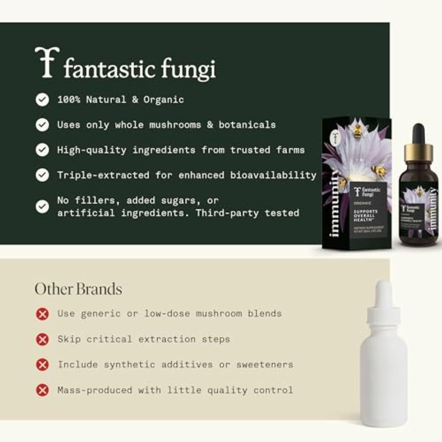 Contrasts the brand's high-quality, natural, third-party tested ingredients with generic competitors who use low-dose blends, synthetic additives, and mass production, positioning the product as…