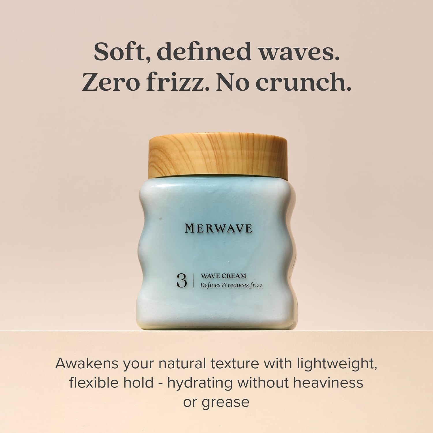 Communicates the product's ability to create soft, defined waves without frizz or crunch, while remaining lightweight and non-greasy.