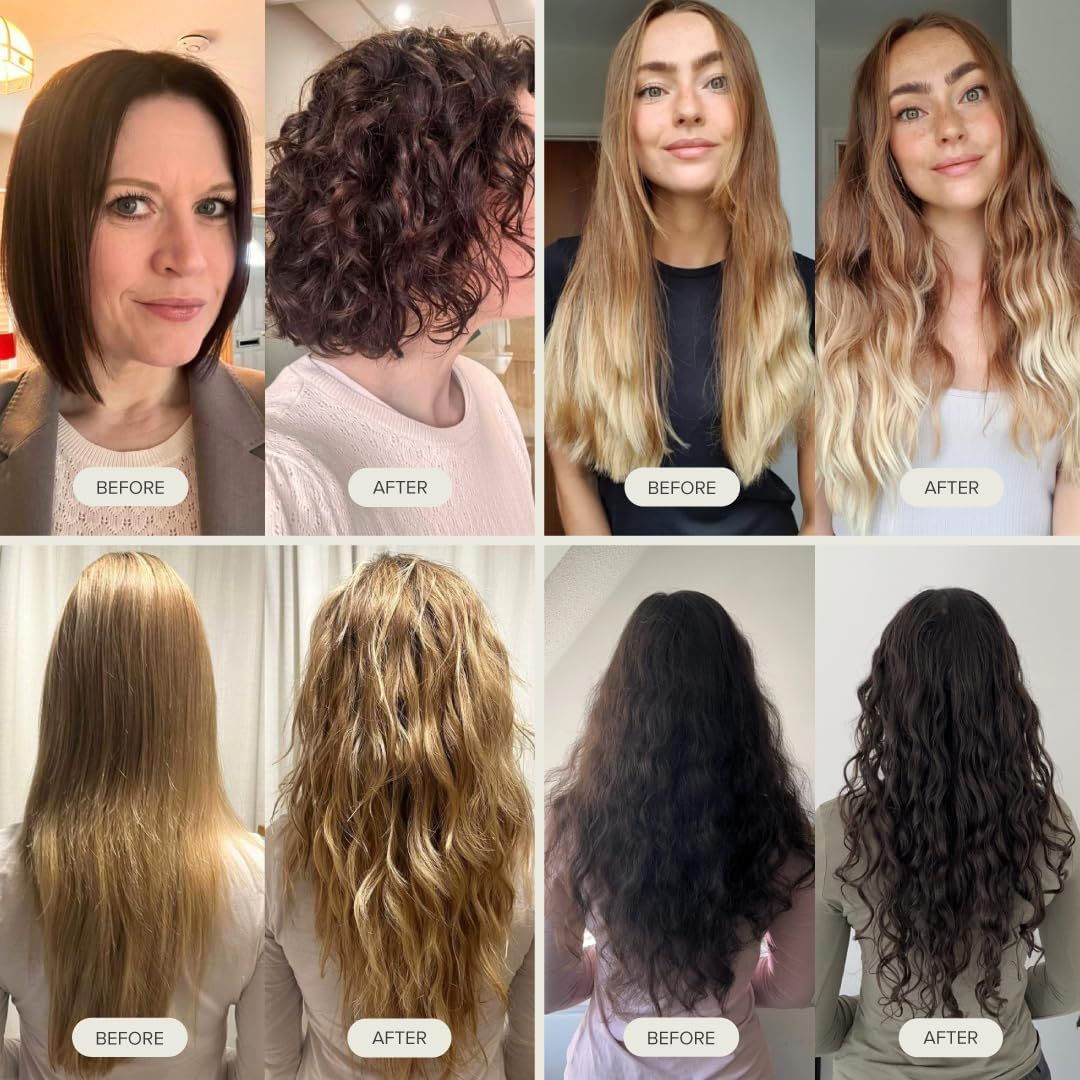 Demonstrates the transformation from flat or undefined hair to bouncy, defined waves and curls after using the product.