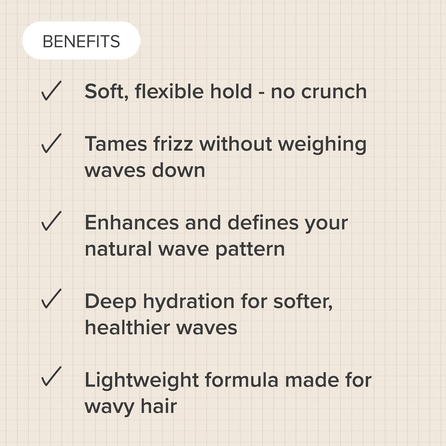 Lists multiple key benefits of the product in a checklist format to communicate comprehensive value for wavy hair care.