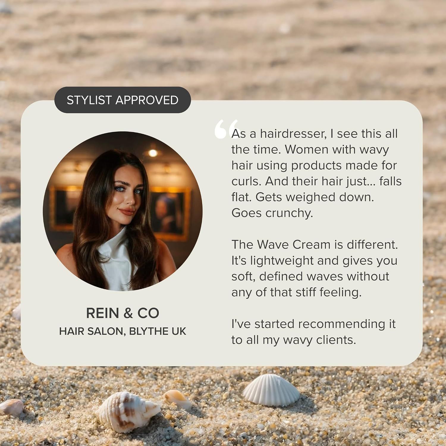 Features a hairstylist's professional endorsement to build credibility and trust, highlighting the product's lightweight formula and effectiveness for wavy hair.