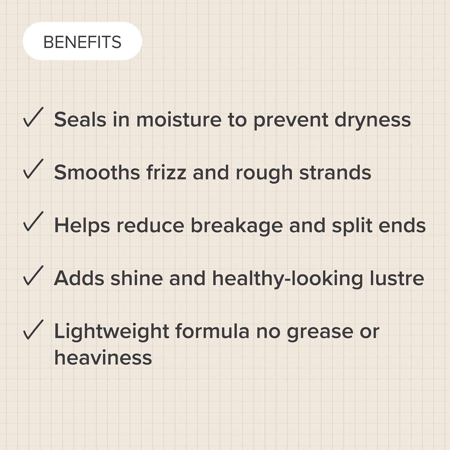 Highlights multiple distinct benefits of the product in a checklist format, reassuring shoppers of comprehensive hair care advantages.
