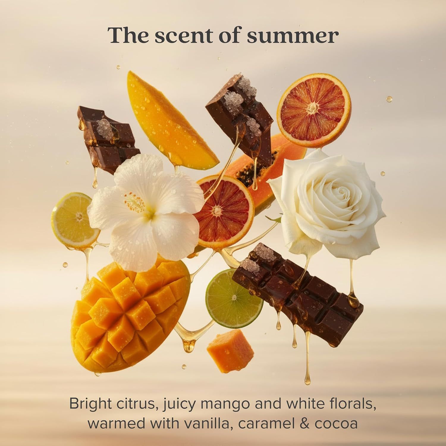 Highlights the product's summer-inspired scent profile with bright citrus, mango, white florals, vanilla, caramel, and cocoa to communicate the sensory experience.