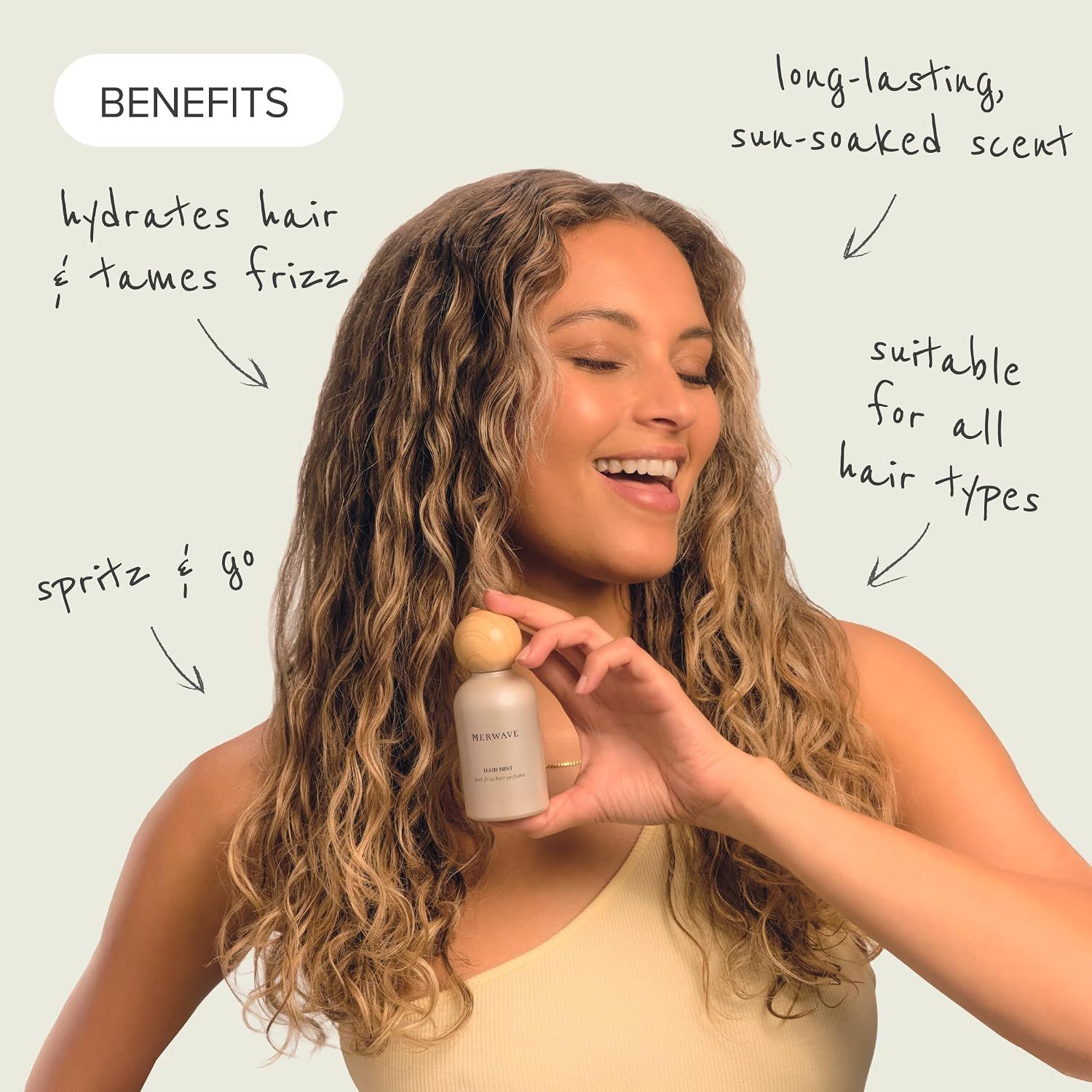 Showcases multiple product benefits in a segmented layout with callouts, highlighting hydration, frizz control, scent longevity, versatility, and ease of use.