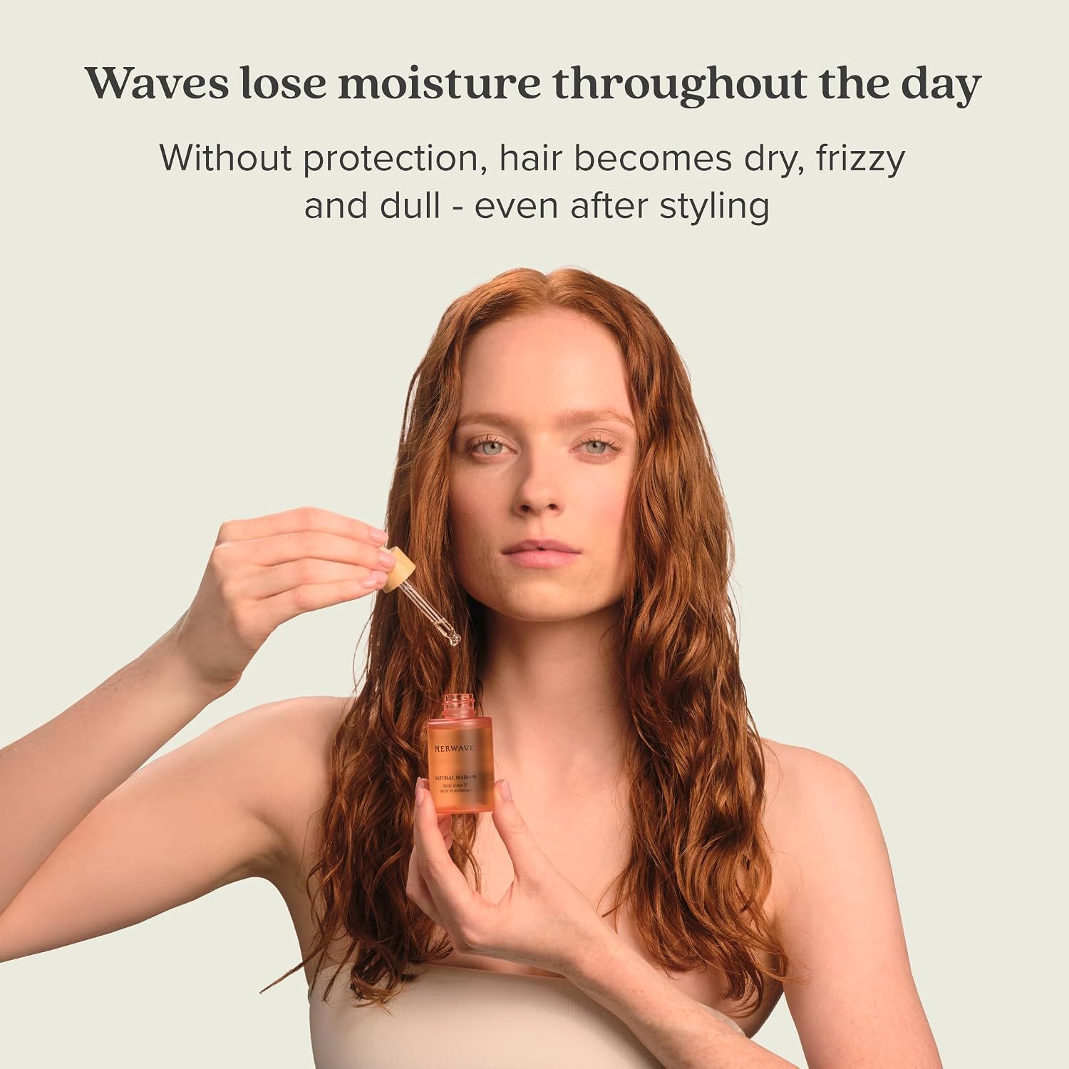 Communicates the problem the product solves by showing how waves lose moisture throughout the day and need protection to stay defined and shiny.