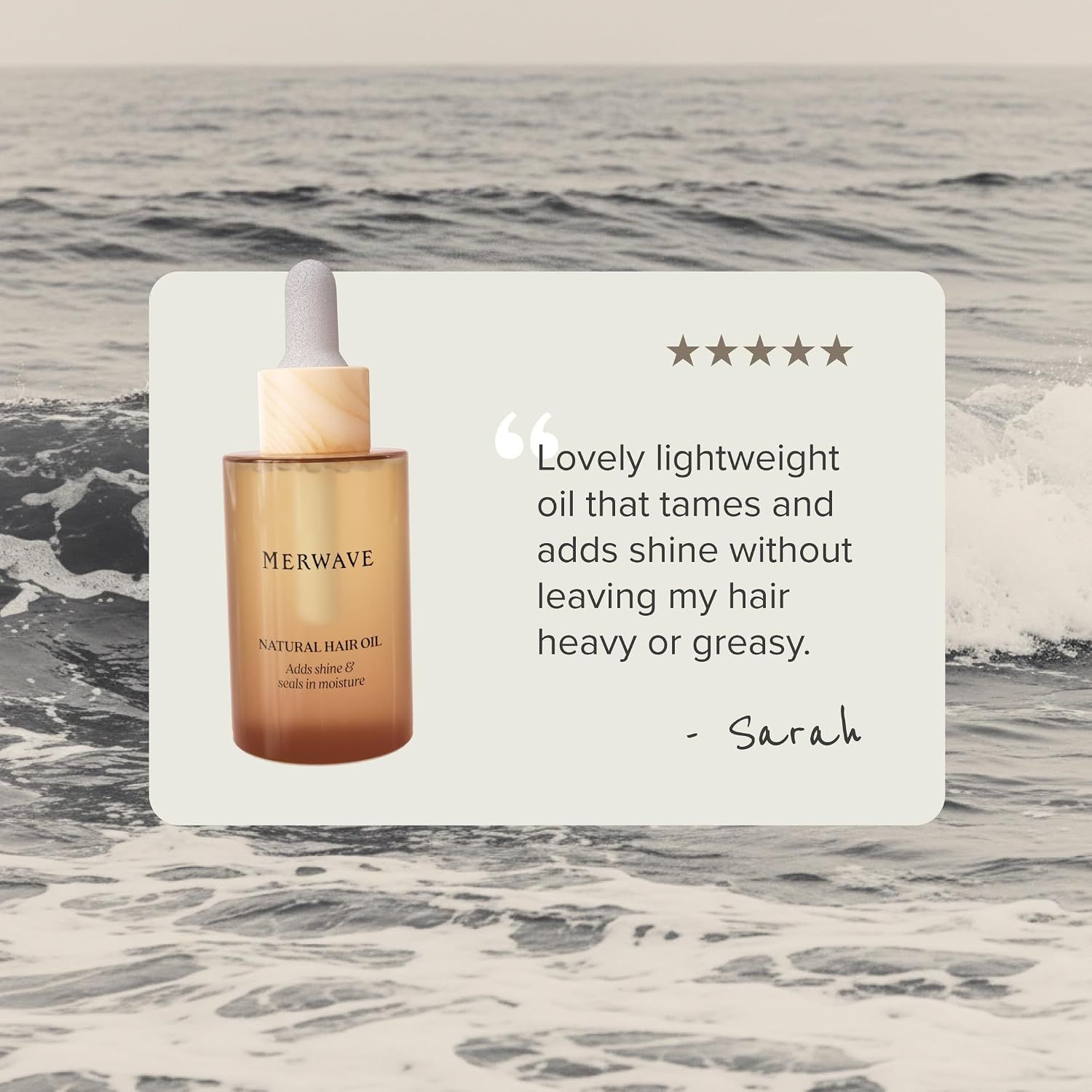 Builds trust and social proof by featuring a customer quote praising the oil's lightweight, shine-enhancing, non-greasy formula.